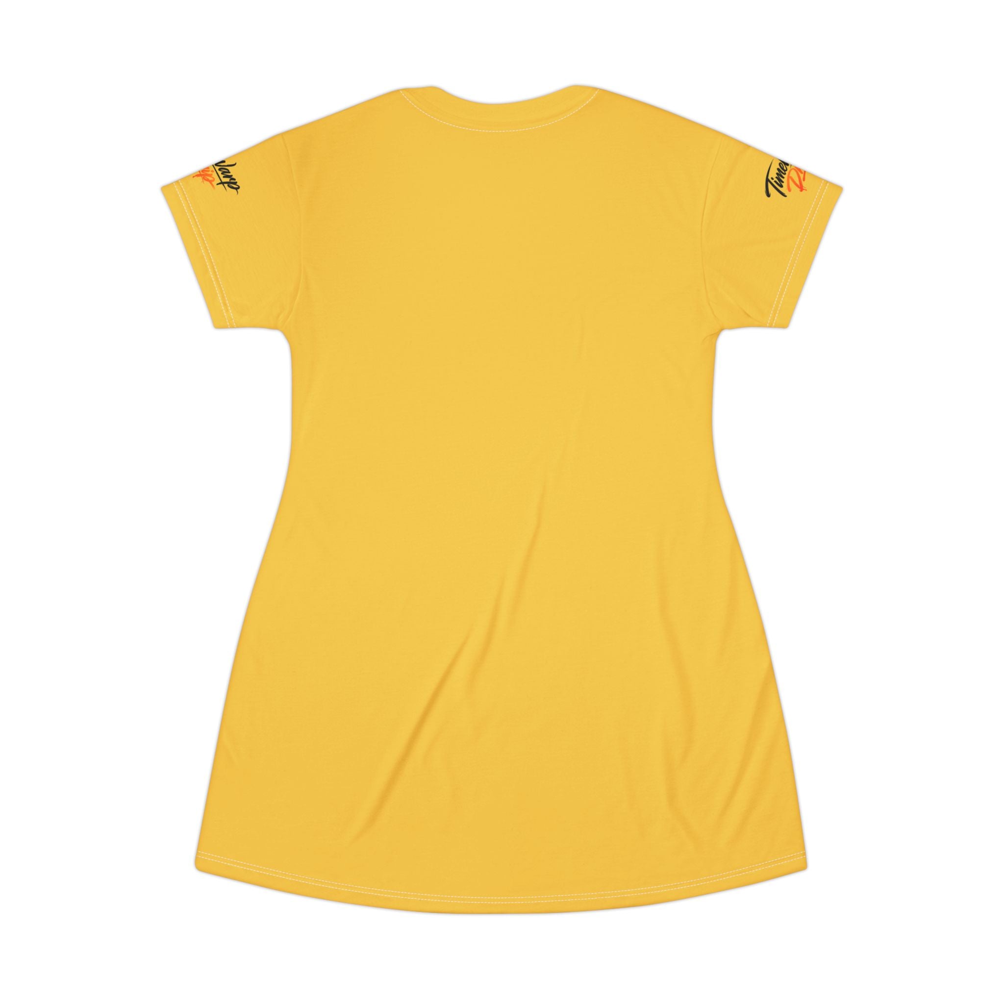 TimeWarp Drip Bloom In Your Time Sunflower T-Shirt Dress by TimeWarp Drip—bold yellow floral AOP, street-cool fit, back view on white backdrop. streetwear apparel