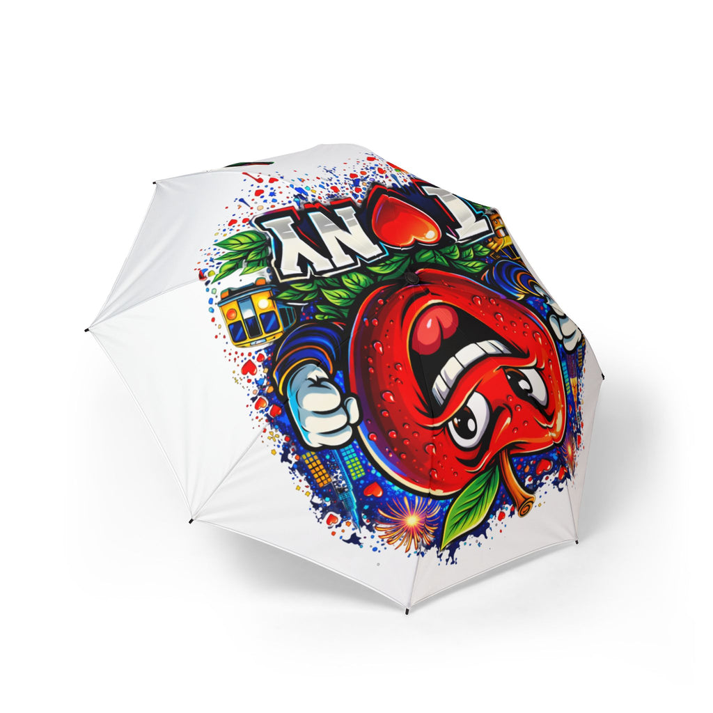 White I Love NYC foldable rain umbrella with colorful design, semi-automatic operation, lightweight accessories by TimeWarp Drip.
