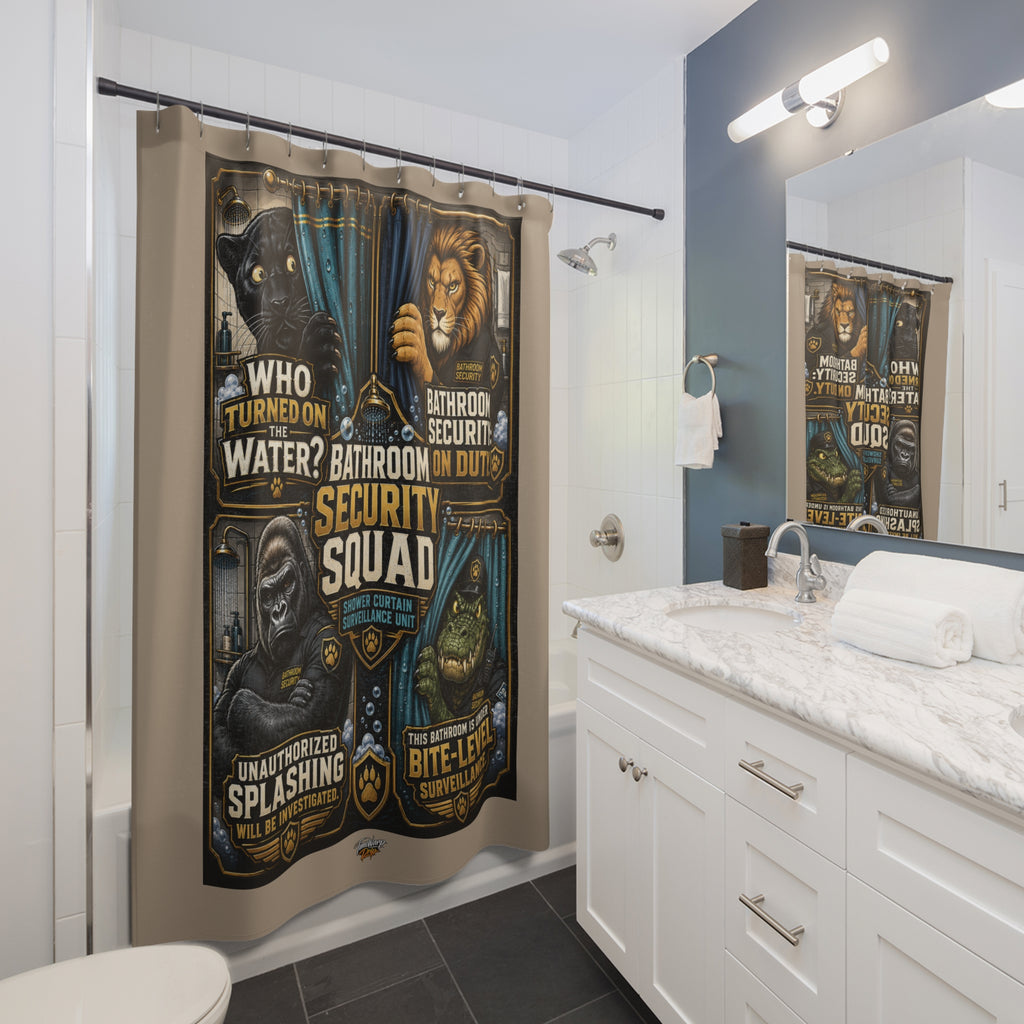 TimeWarp Drip – Beige shower curtain with bold Security Unit text and graphic animal guardians, striking urban statement for city bathrooms. | premium streetwear