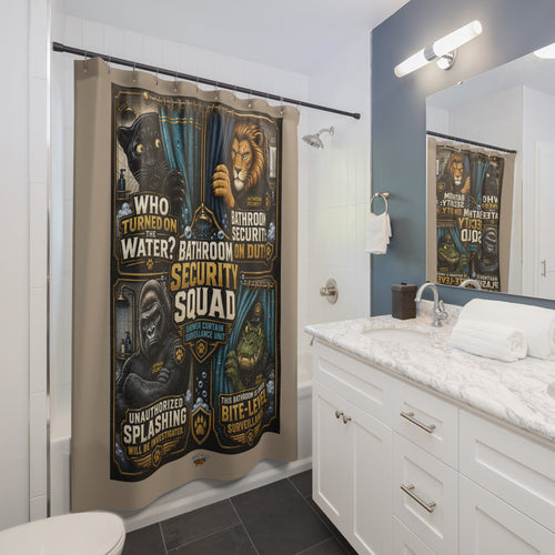 TimeWarp Drip – Beige shower curtain with bold Security Unit text and graphic animal guardians, striking urban statement for city bathrooms. | premium streetwear