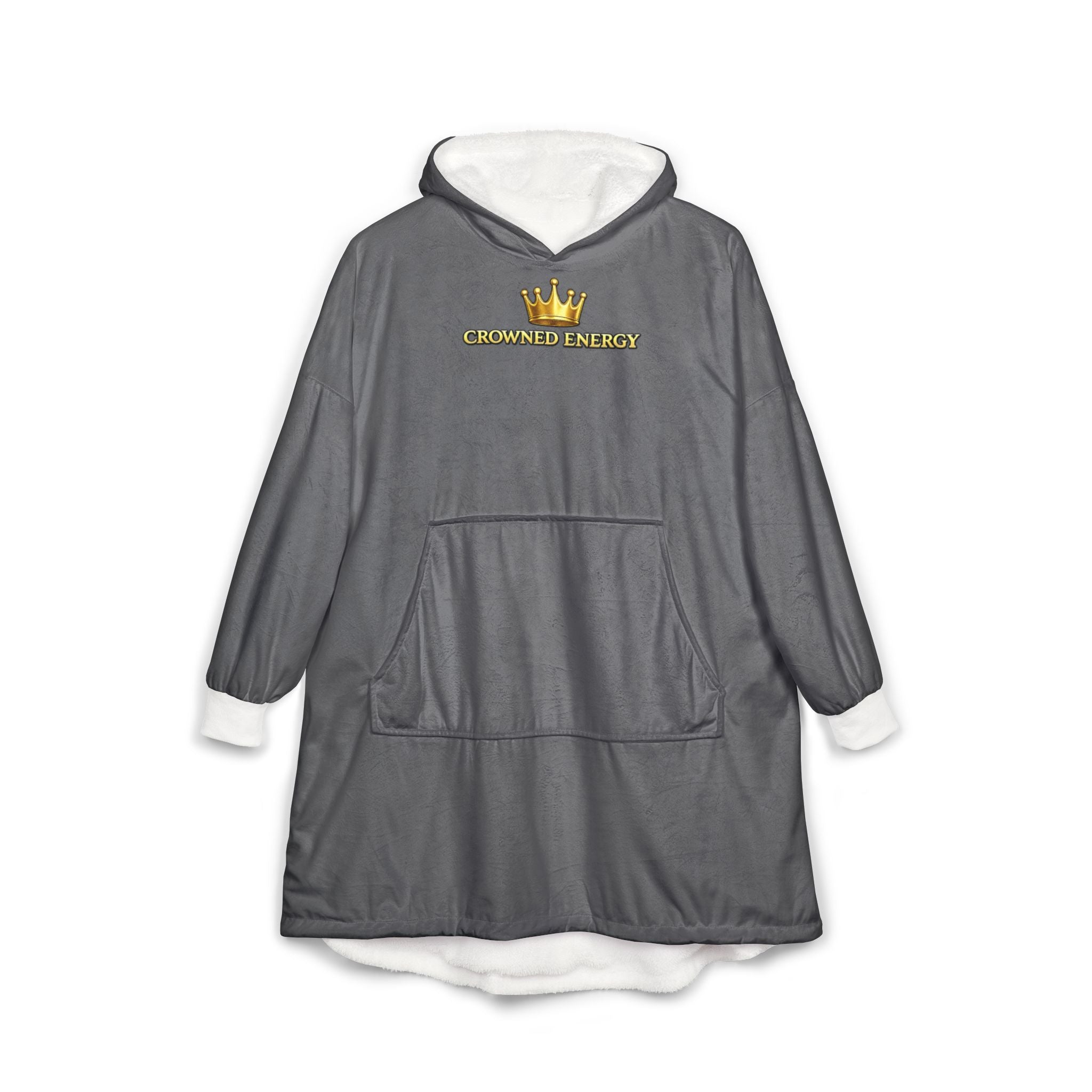 TimeWarp Drip Crowned in Every Era gray hooded blanket—street-chic, bold gold crown chest, white lining, front pocket. Own the drip!. streetwear apparel