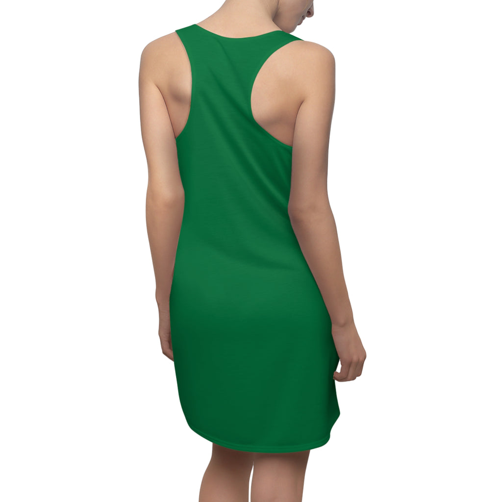 Green racerback dress with all-over print featuring "Straight Outta NYC" Big Apple design, by TimeWarp Drip.