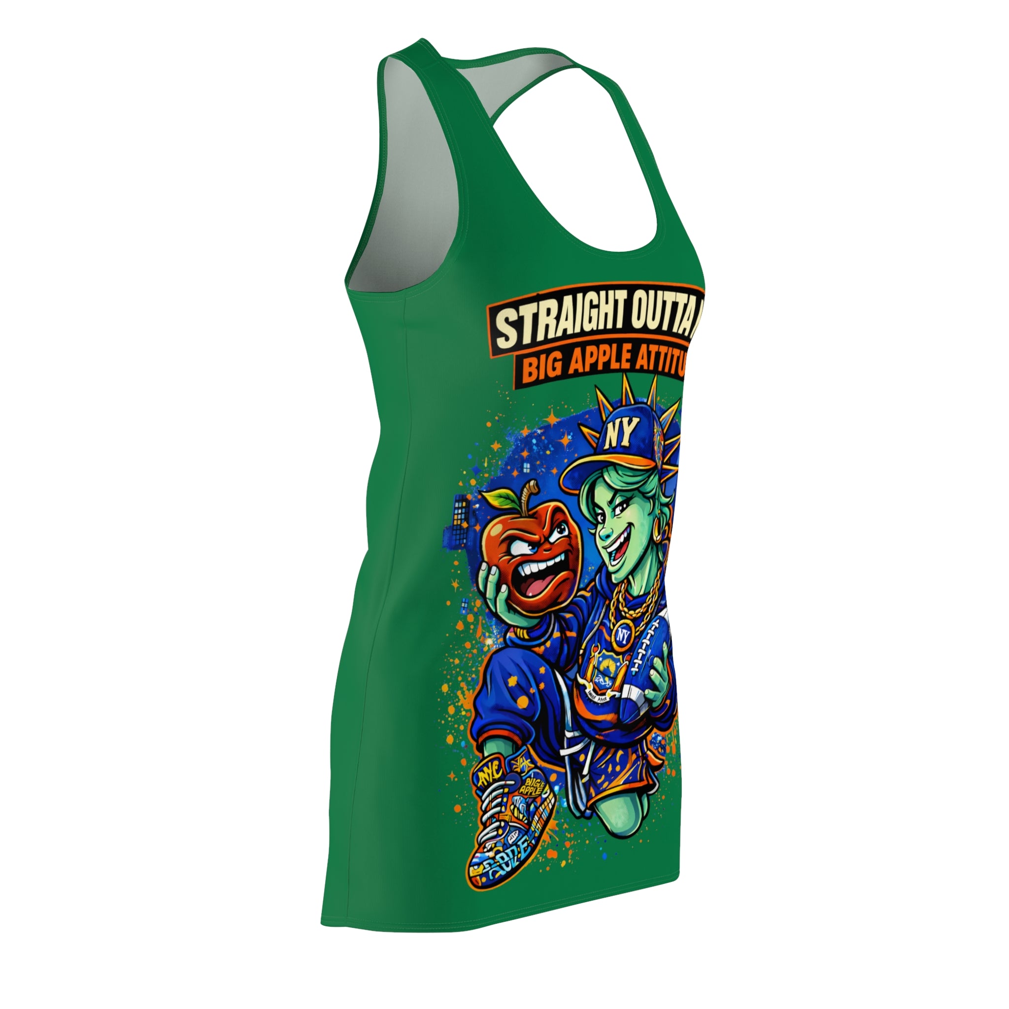 Green racerback dress with all-over "Straight Outta NYC Big Apple Attitude" print by TimeWarp Drip, shown on a hanger.