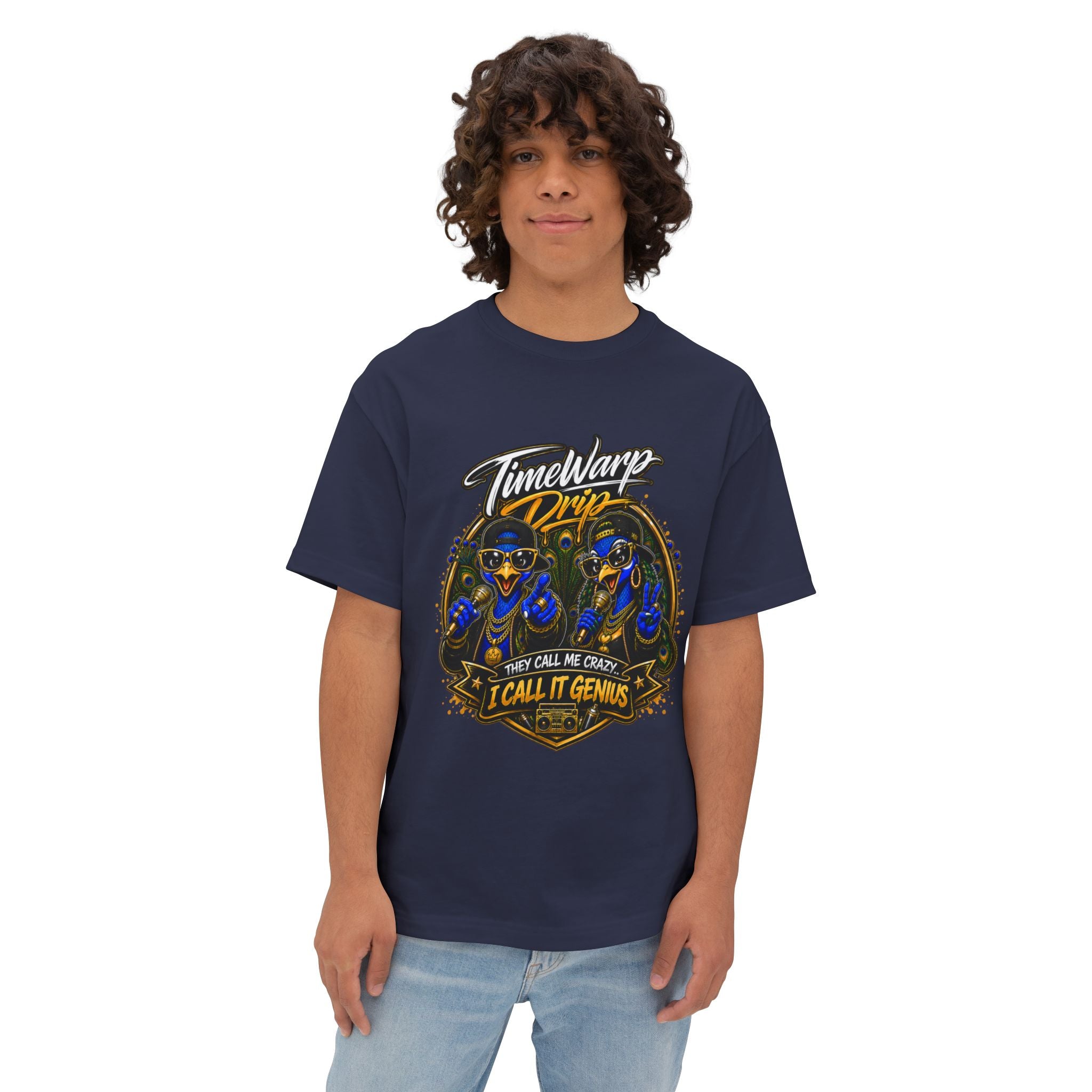 TimeWarp Drip – Street art graphic tee with "They Call Me Crazy I Call It Genius" statement, paired with light blue jeans, city-cool vibe. | premium streetwear