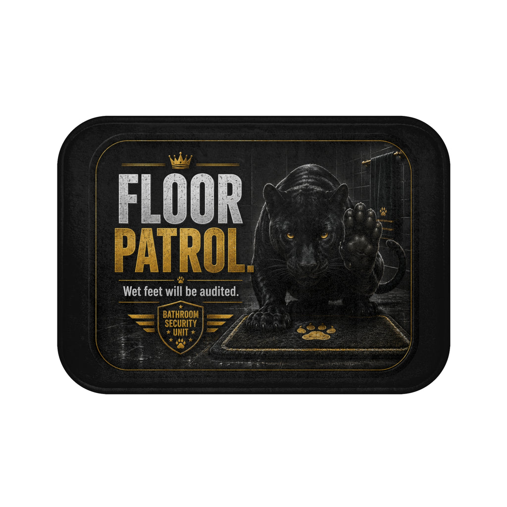 TimeWarp Drip Drip-black Panther Bath Mat by Printify—streetwise style pops with "Wet Feet Will Be Audited" for bold bathroom swagger. streetwear apparel