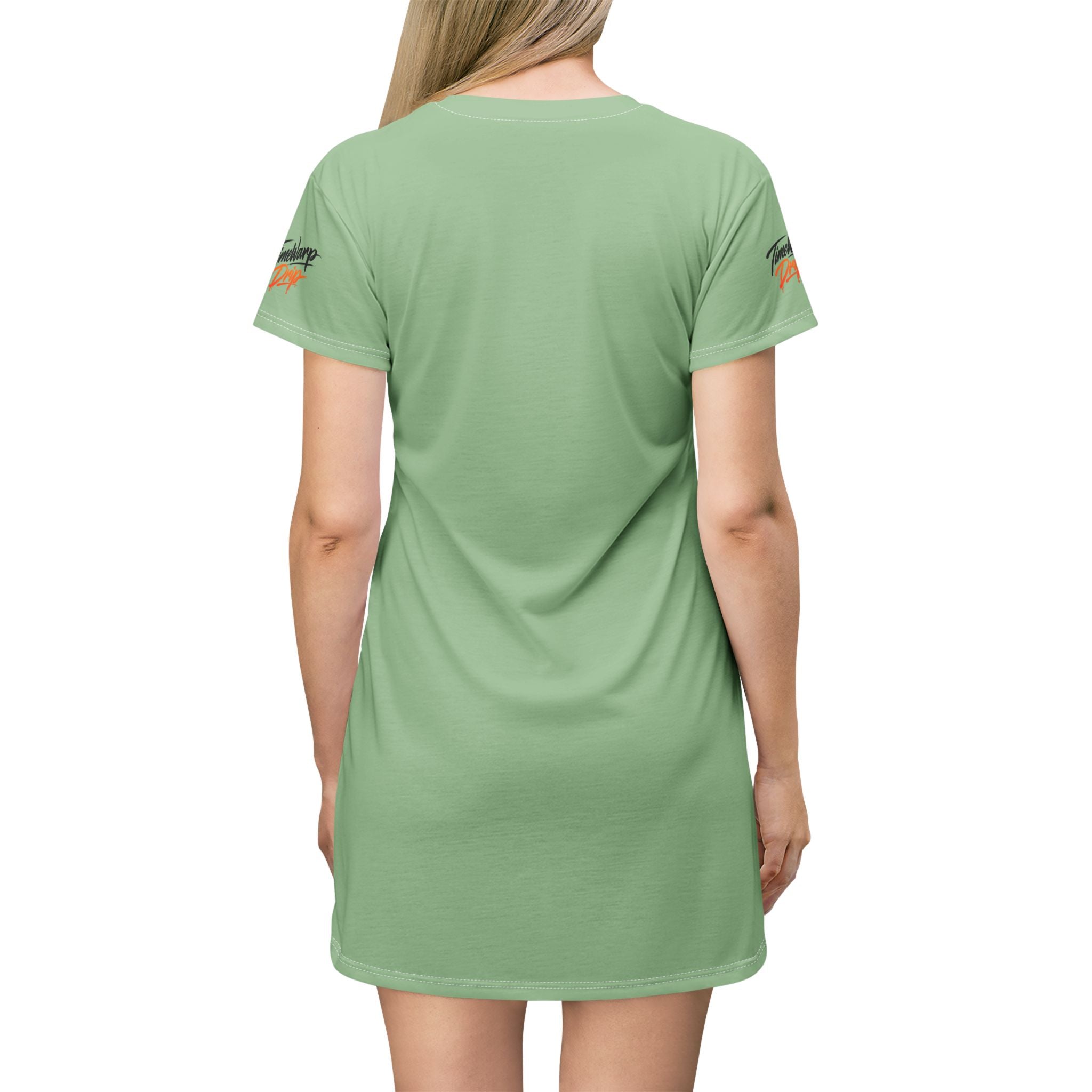 TimeWarp Drip Blonde queen rocks green floral Bloom In Your Time Sunflower T-Shirt Dress by TimeWarp Drip, street-ready style, fierce back view. streetwear apparel