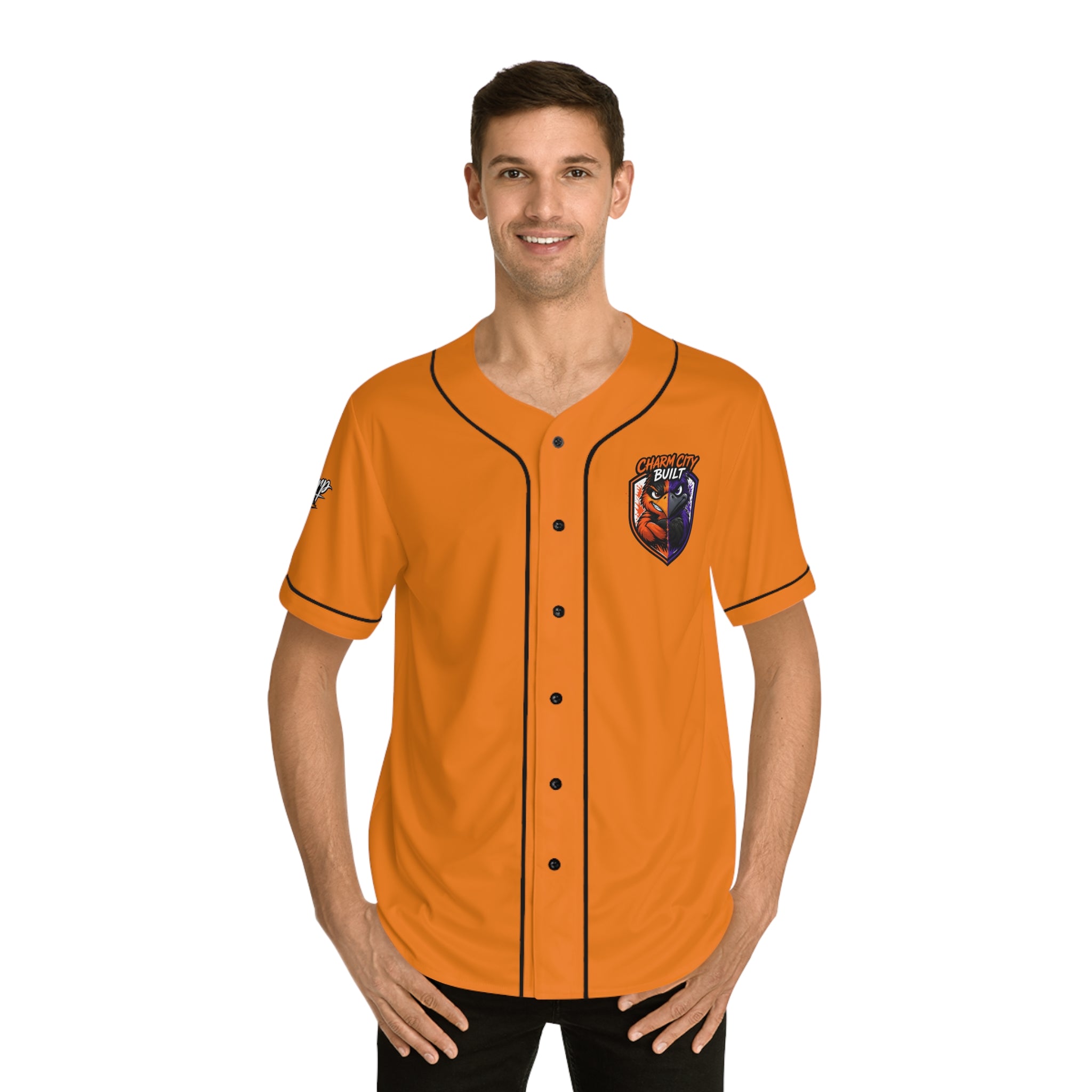 TimeWarp Drip – Orange Baltimore Charm City Built baseball jersey, bold streetwear edge, moisture-wicking polyester, high-energy style. | premium streetwear