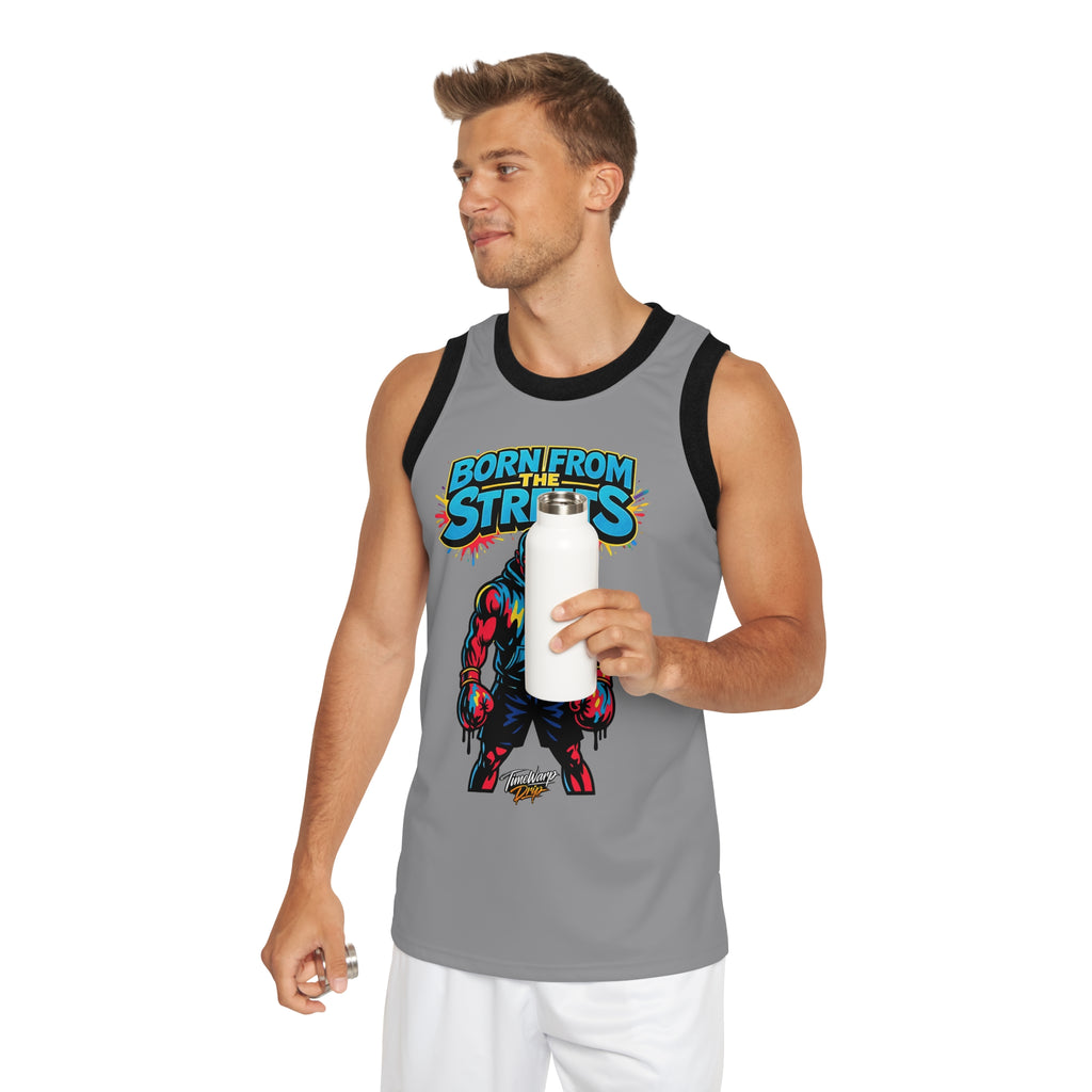 Grey Born From The Streets graphic jersey with all-over print, featuring bold street-inspired artwork by Printify.