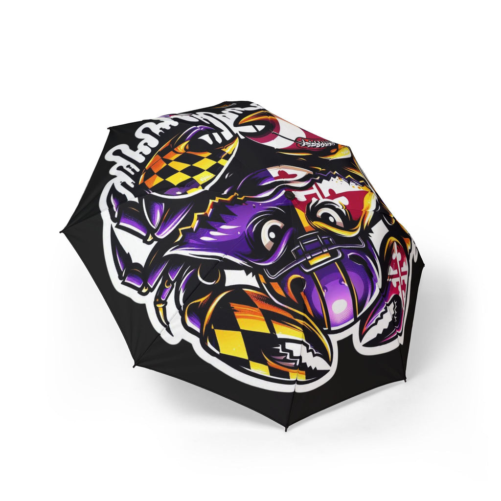 TimeWarp Drip foldable umbrella in electric colors—Baltimore crab pops on wild geometric drip, semi-auto streetwear style. 