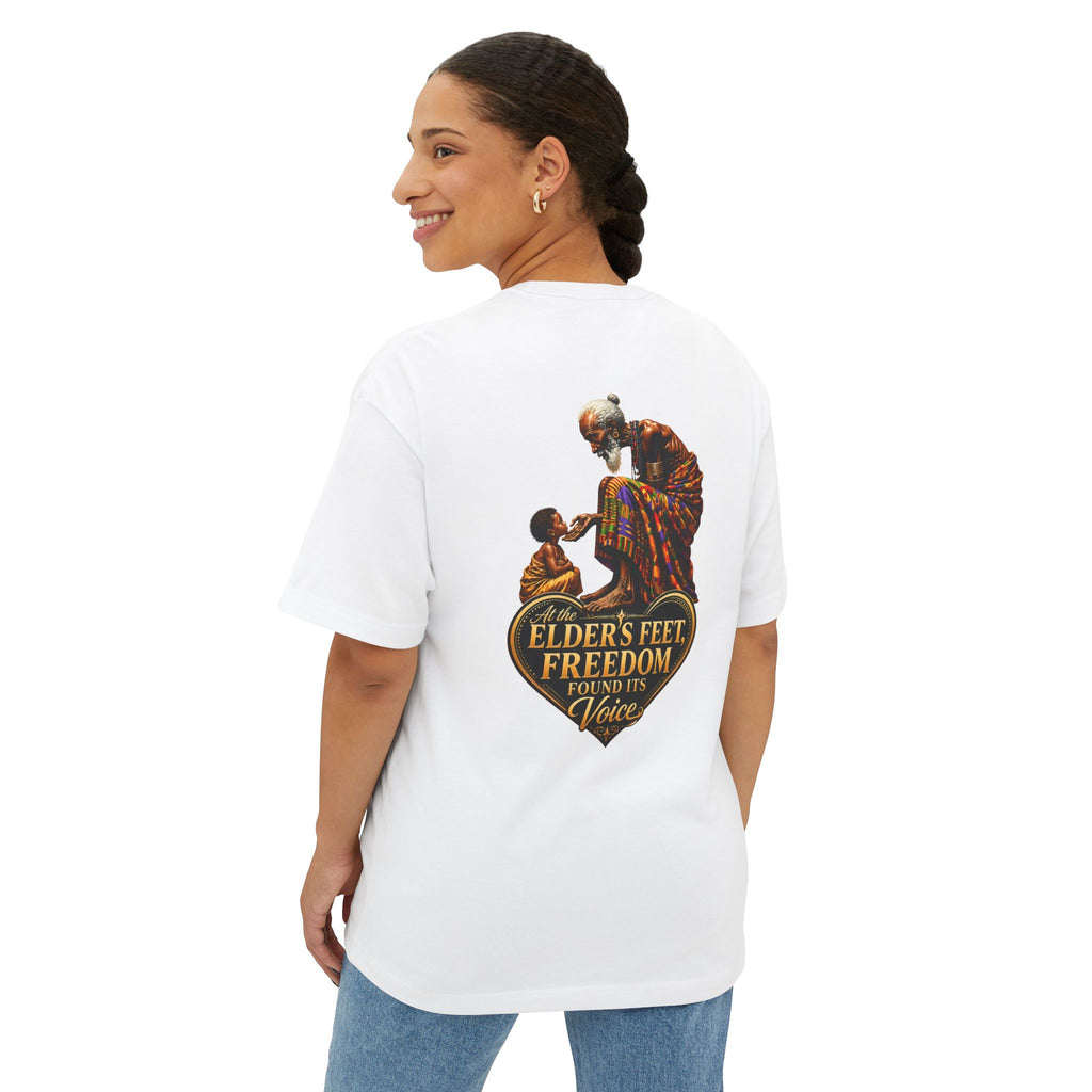 TimeWarp Drip – Black We Are the Harvest tee, bold white back text: “At Our Elders Feet, Freedom Found Its Voice,” city-chic Premium Urban Fashionenergy. | premium streetwear