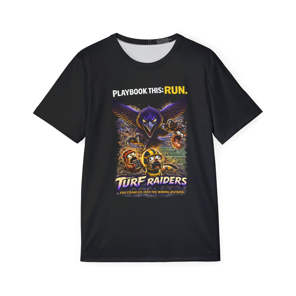 TimeWarp Drip Black Turf Raiders sports jersey tee, bold owl & football players, “Playbook This: Run” graphic—streetwear drip unlocked. streetwear apparel