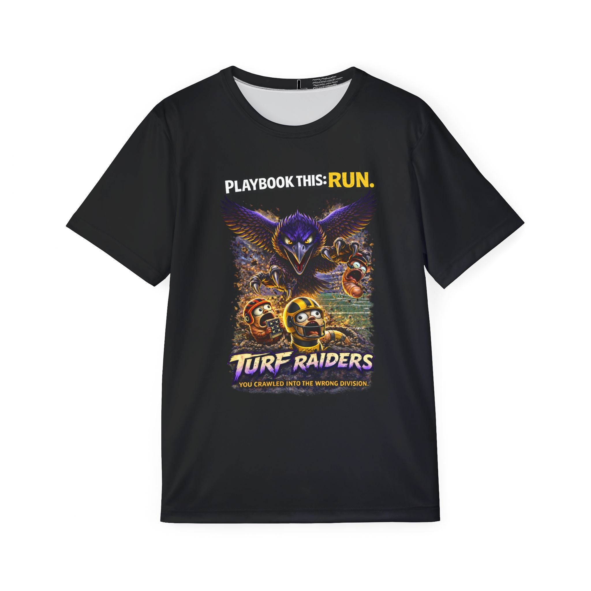 TimeWarp Drip Black Turf Raiders sports jersey tee, bold owl & football players, “Playbook This: Run” graphic—streetwear drip unlocked. streetwear apparel