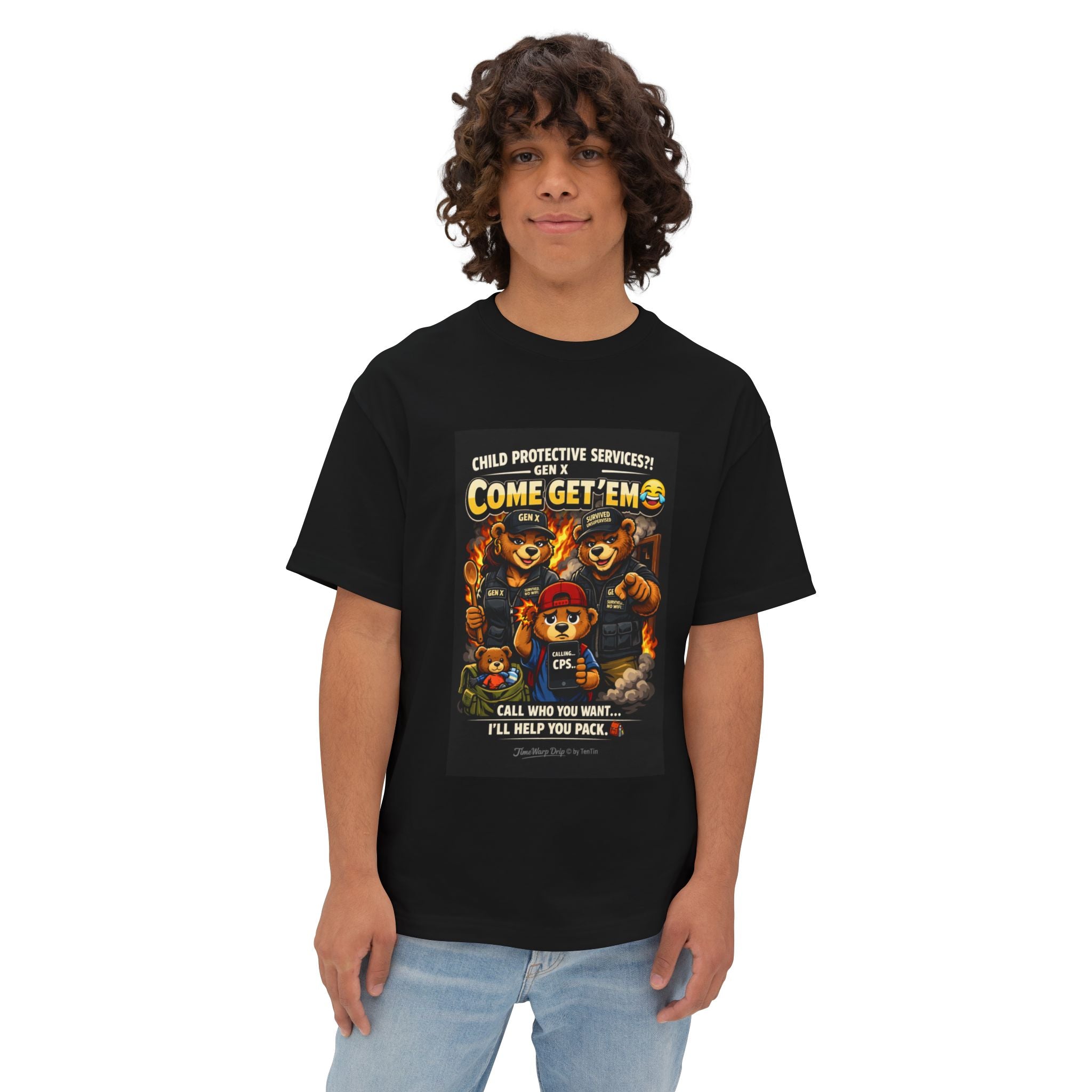 A young man with curly hair wears the Generation X Parenting "Come Get Em" oversized boxy tee by TimeWarp Drip, a black cotton shirt with cartoon characters and the text: Child Protective Services? CALL OR TEXT, COME GET EM! He stands against a white background.
