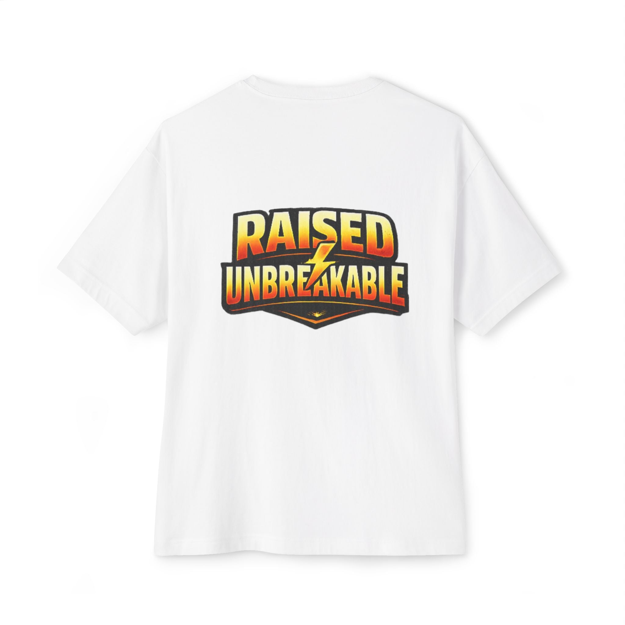The TimeWarp Drip Generation X Parenting "Come Get Em" Oversized Boxy T-Shirt is a white, breathable cotton tee with bold yellow and orange “RAISED UNBREAKABLE” text and lightning bolt on the back—ideal for Gen X parenting fans.