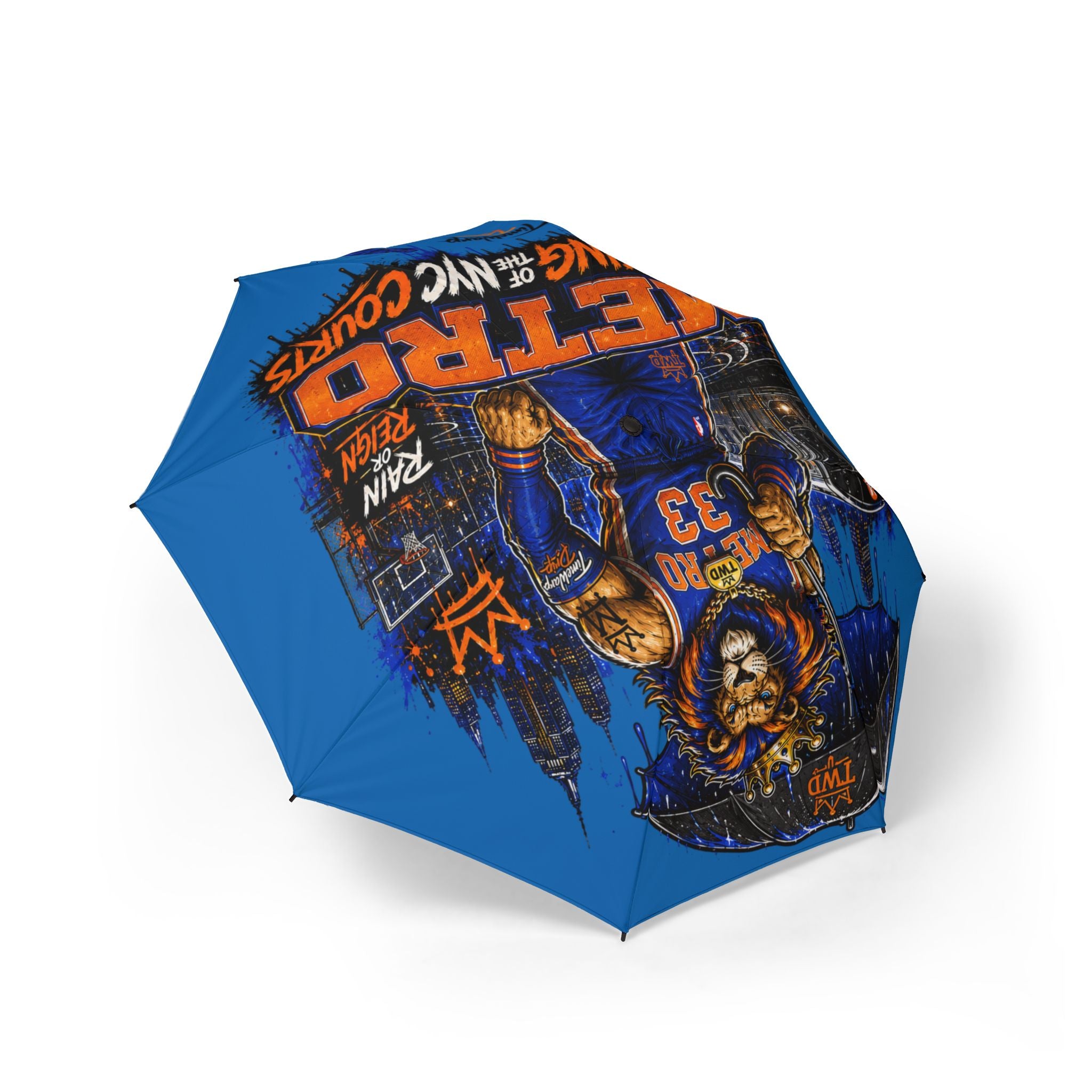 Semi-Automatic Foldable Umbrella — Metro Lion “Rain or Reign: The Lion’s Court” Basketball Graphic (Blue)
