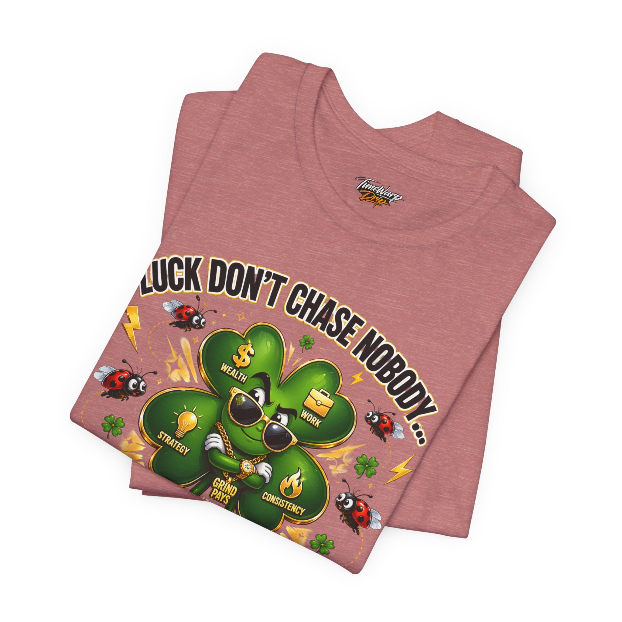 TimeWarp Drip Pink Lucky Clover "Pulls Up Lives" tee—cartoon clover, ladybugs, and streetwear drip. S-XL size chart for perfect fit. streetwear apparel