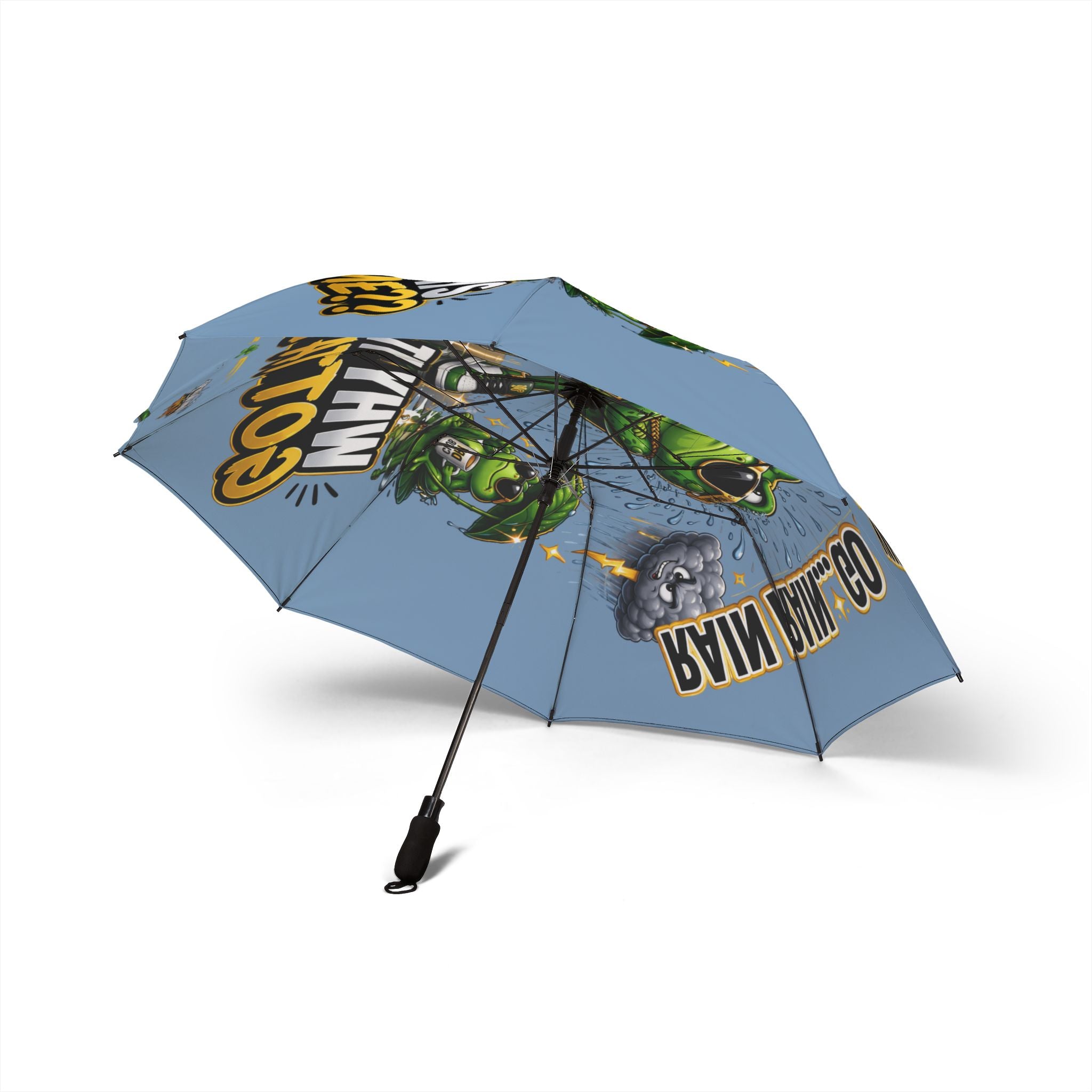 TimeWarp Drip Printify foldable umbrella in bold blue, flaunting a funky 'Rain? Go Away' frog—waterproof, quick-drying streetwear drip. streetwear apparel