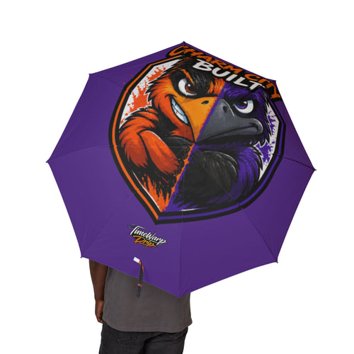 TimeWarp Drip Streetwear on point: Black foldable umbrella, Baltimore "Charm City Built," fierce split-bird graphic, pure drip. 