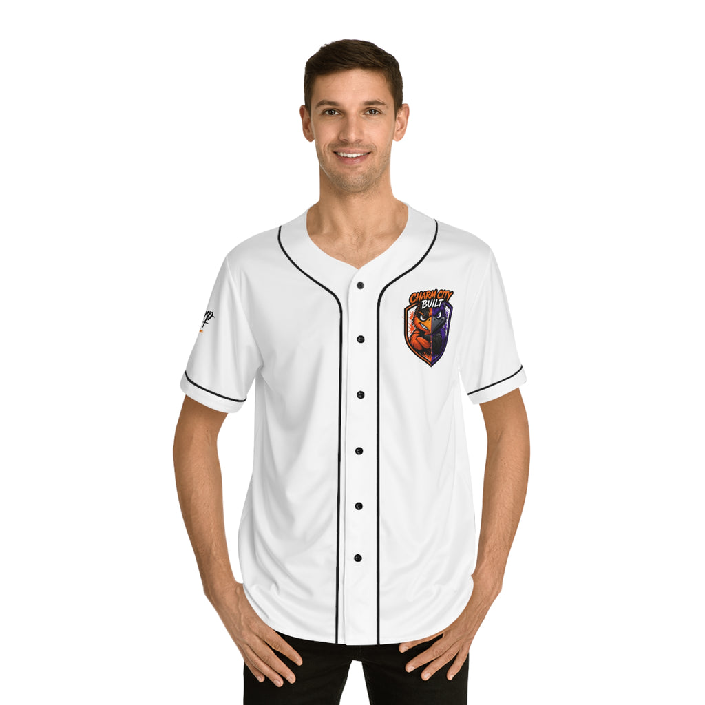 TimeWarp Drip Confident guy rocking a white Charm City Built baseball jersey —black trim, bold logo, street-drip energy. 