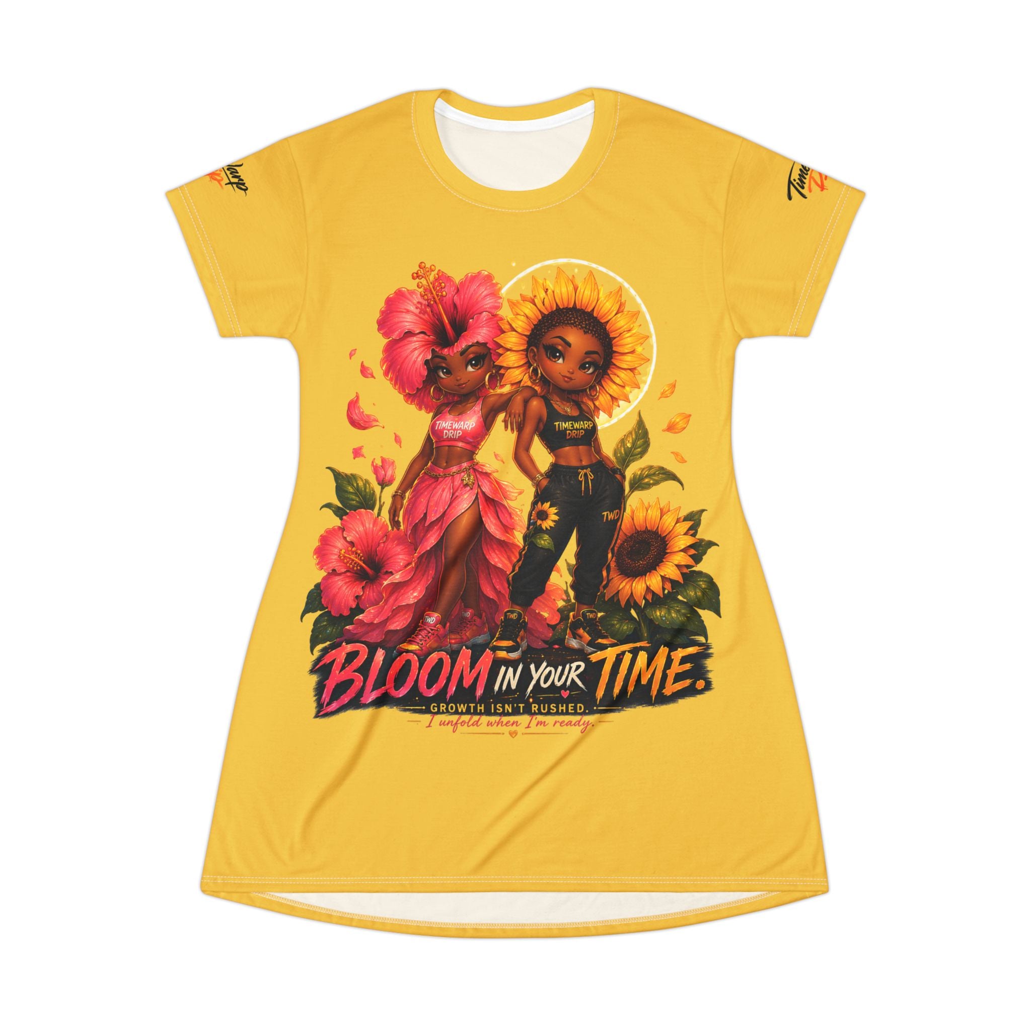 TimeWarp Drip Sunflower T-Shirt Dress by TimeWarp Drip: bold yellow floral drip, popping sunflowers, and streetwear swagger—shine in every era. streetwear apparel