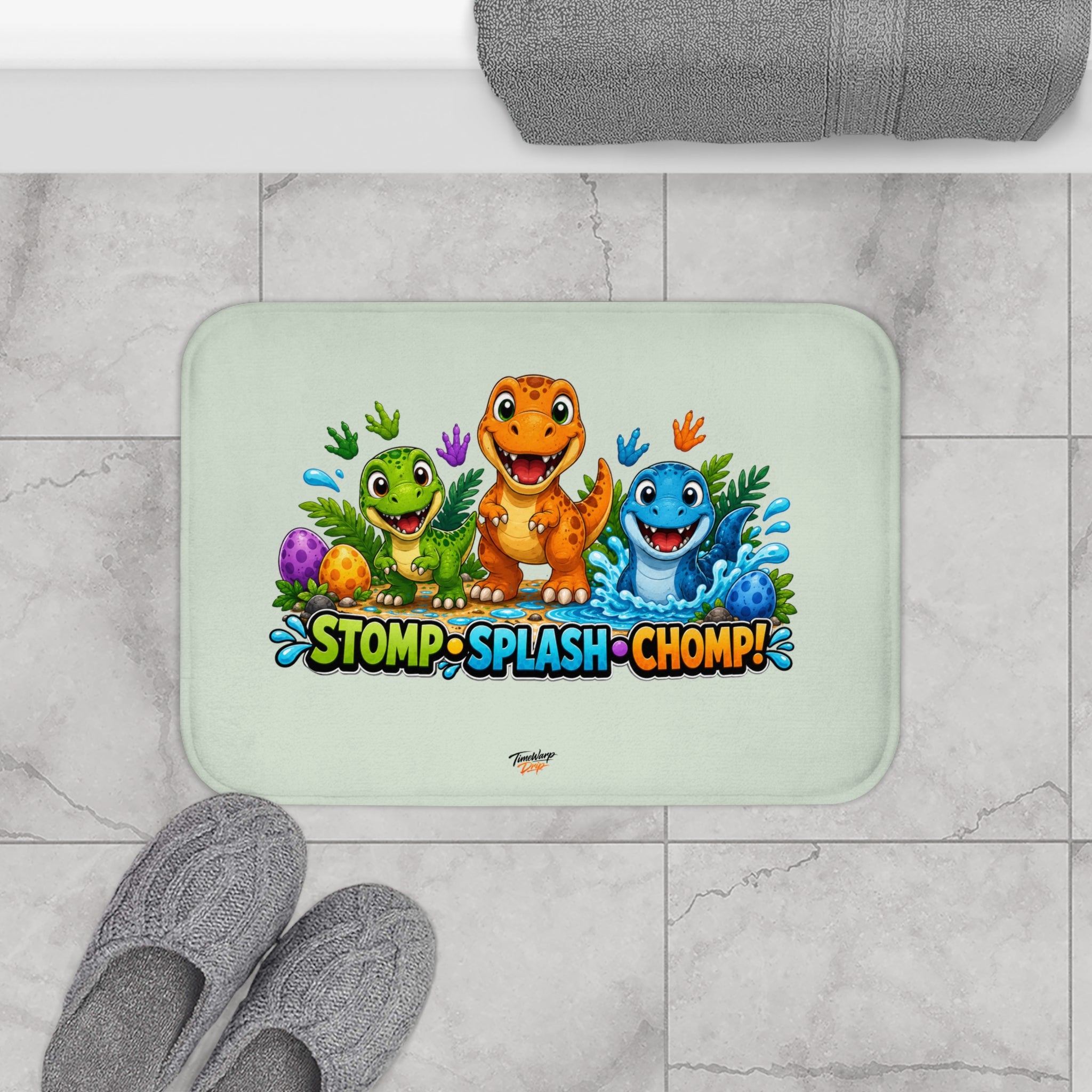 TimeWarp Drip Tiny Roars & Big Adventures Bath Mat – Green – Kids Bathroom Decor | TimeWarp Drip