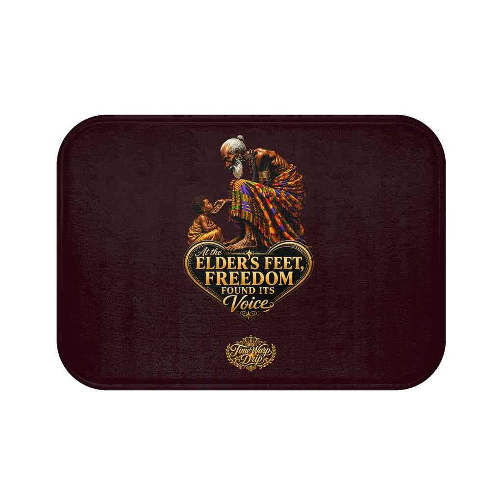 TimeWarp Drip – Burgundy Heritage Heart bath mat with "Rooted in Legacy" graphic; elder and child connect, exuding urban family street style. | premium streetwear