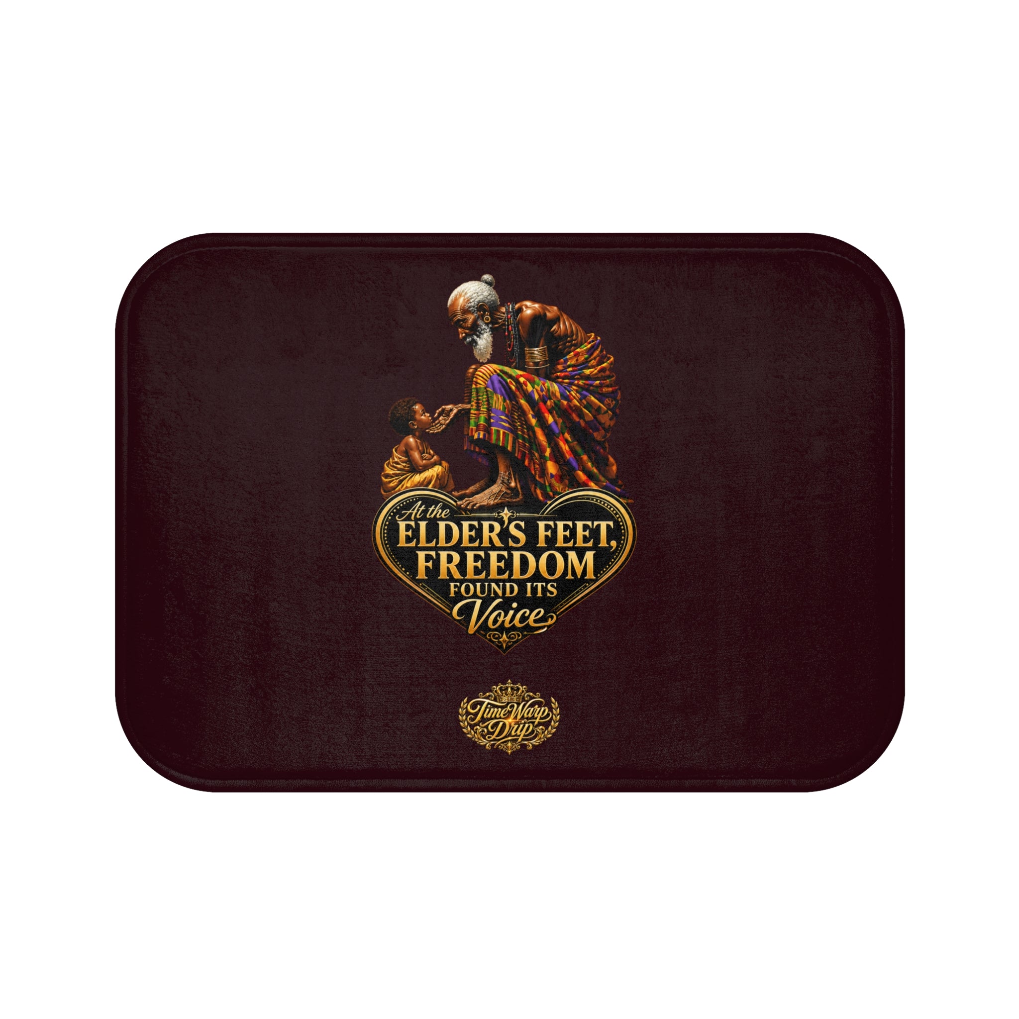 TimeWarp Drip – Burgundy Heritage Heart bath mat with "Rooted in Legacy" graphic; elder and child connect, exuding urban family street style. | premium streetwear