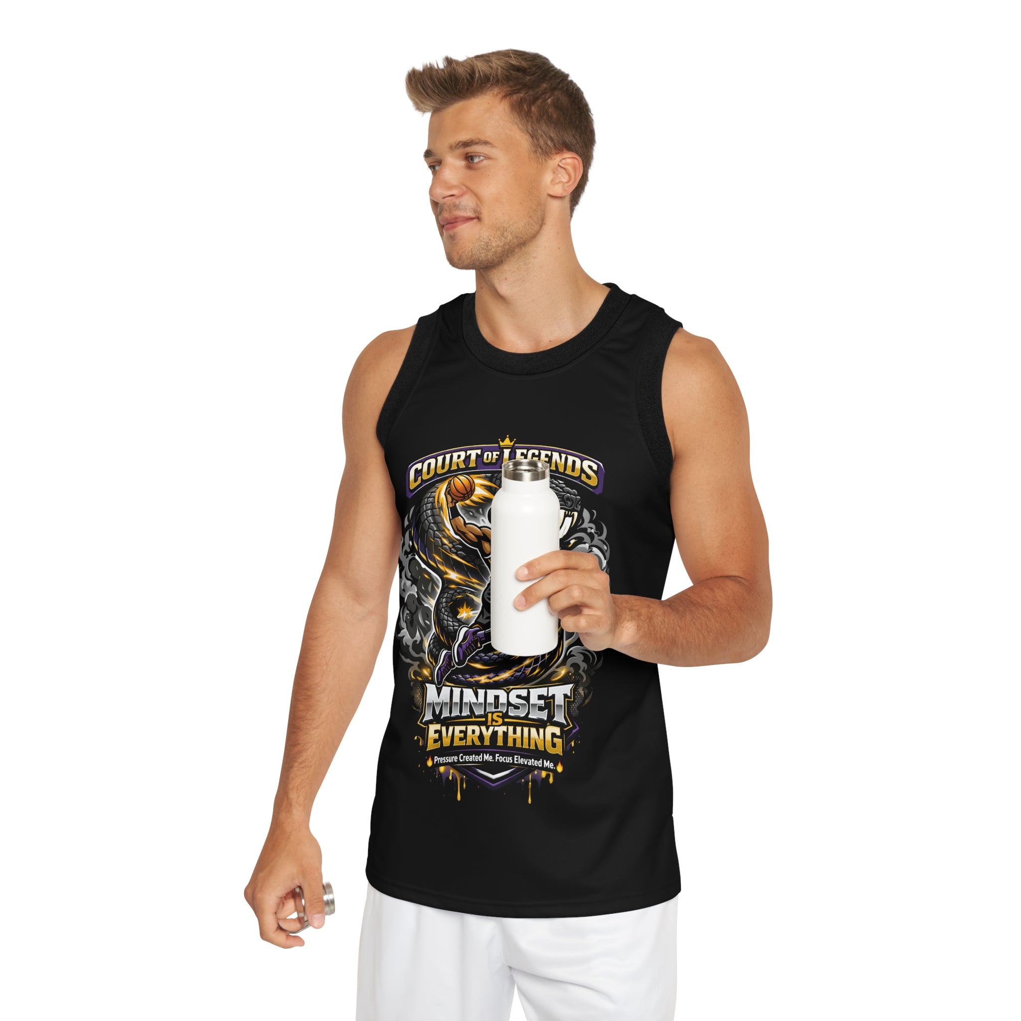 Black Court of Legends basketball jersey with all-over print design, featuring bold graphics and athletic style by Printify.