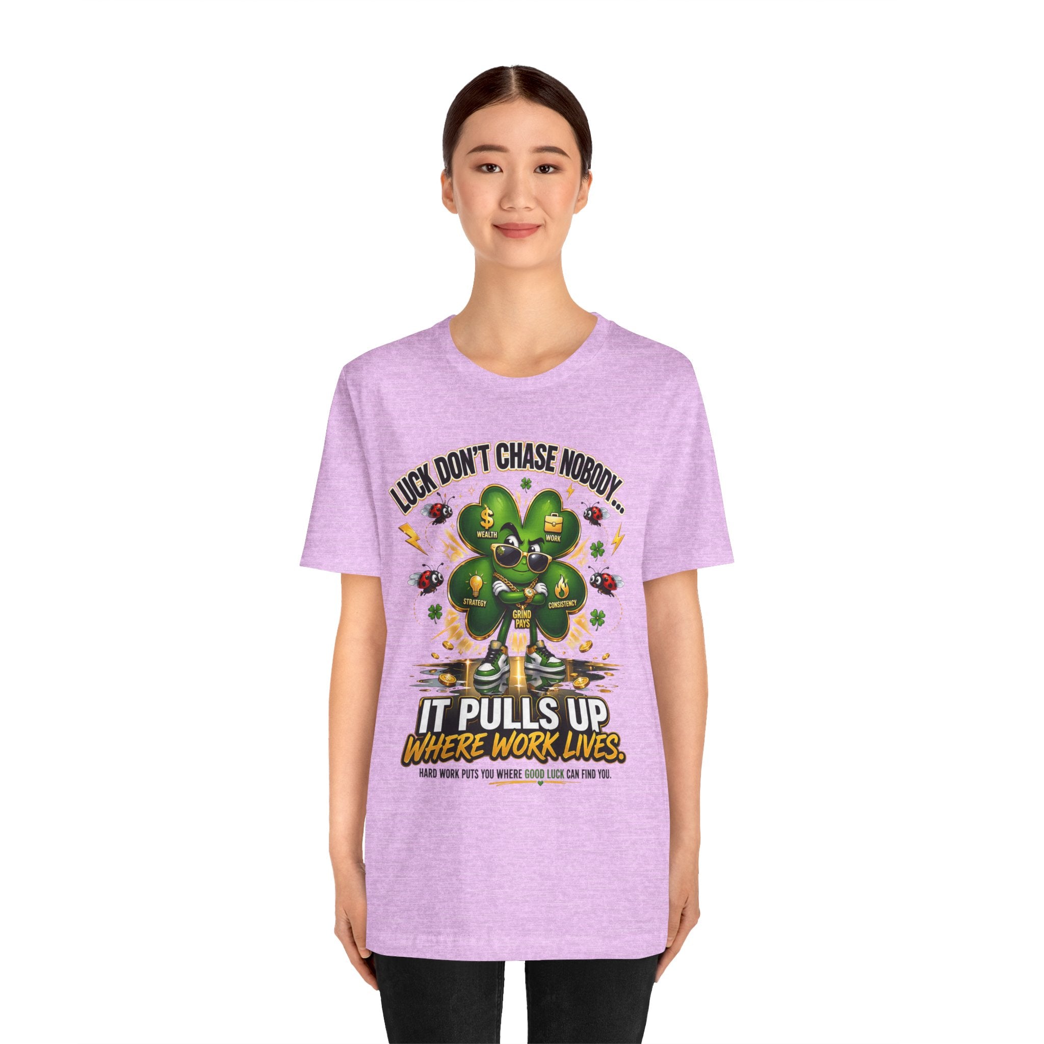 TimeWarp Drip Bold woman rocking lavender TimeWarp Drip Lucky Clover "Pulls Up Lives" tee—ultimate streetwear drip, S-XL size chart ready. streetwear apparel