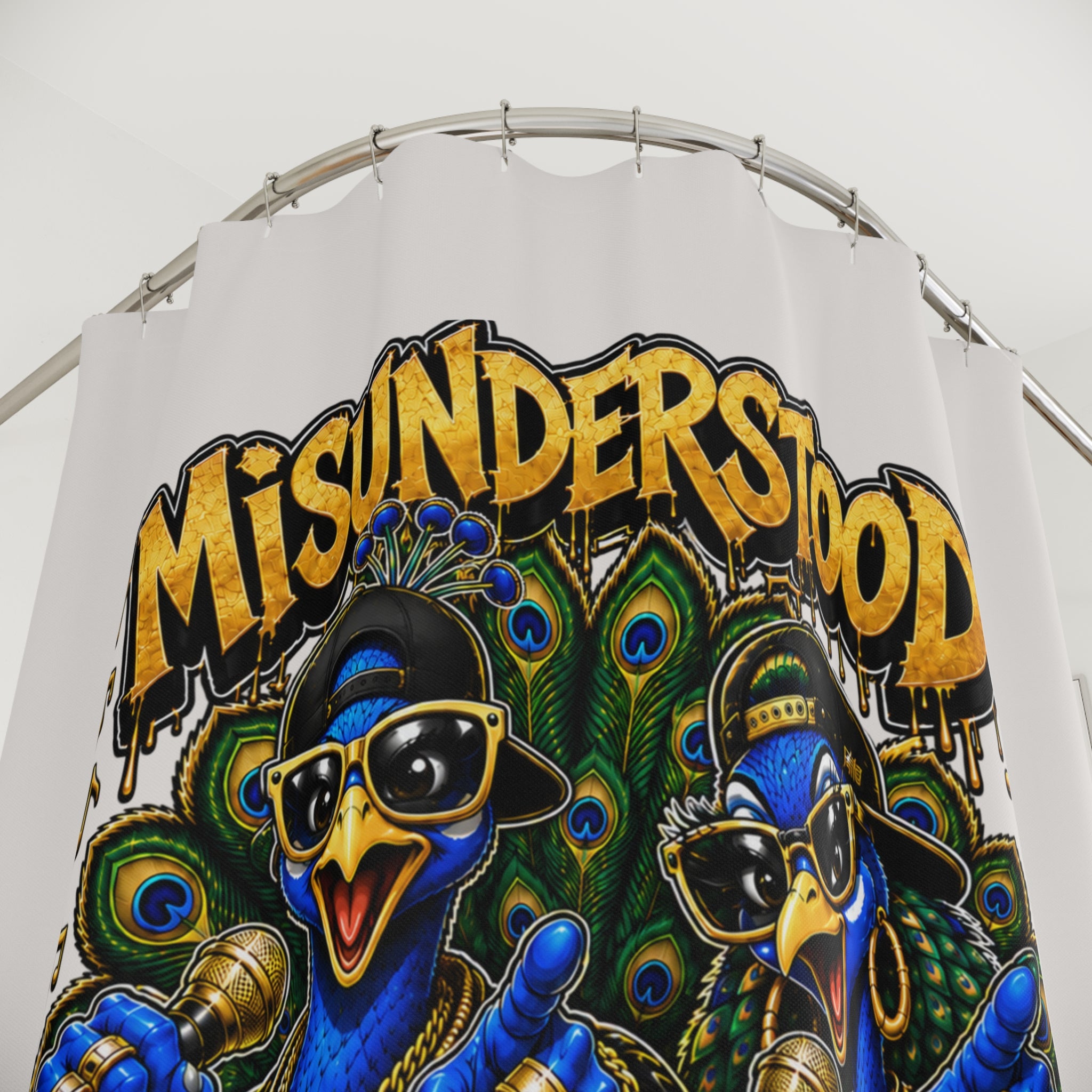 TimeWarp Drip – Shower curtain in bold blue with hip-hop street art, two cartoon peacocks, gold lettering—premium urban energy. | premium streetwear