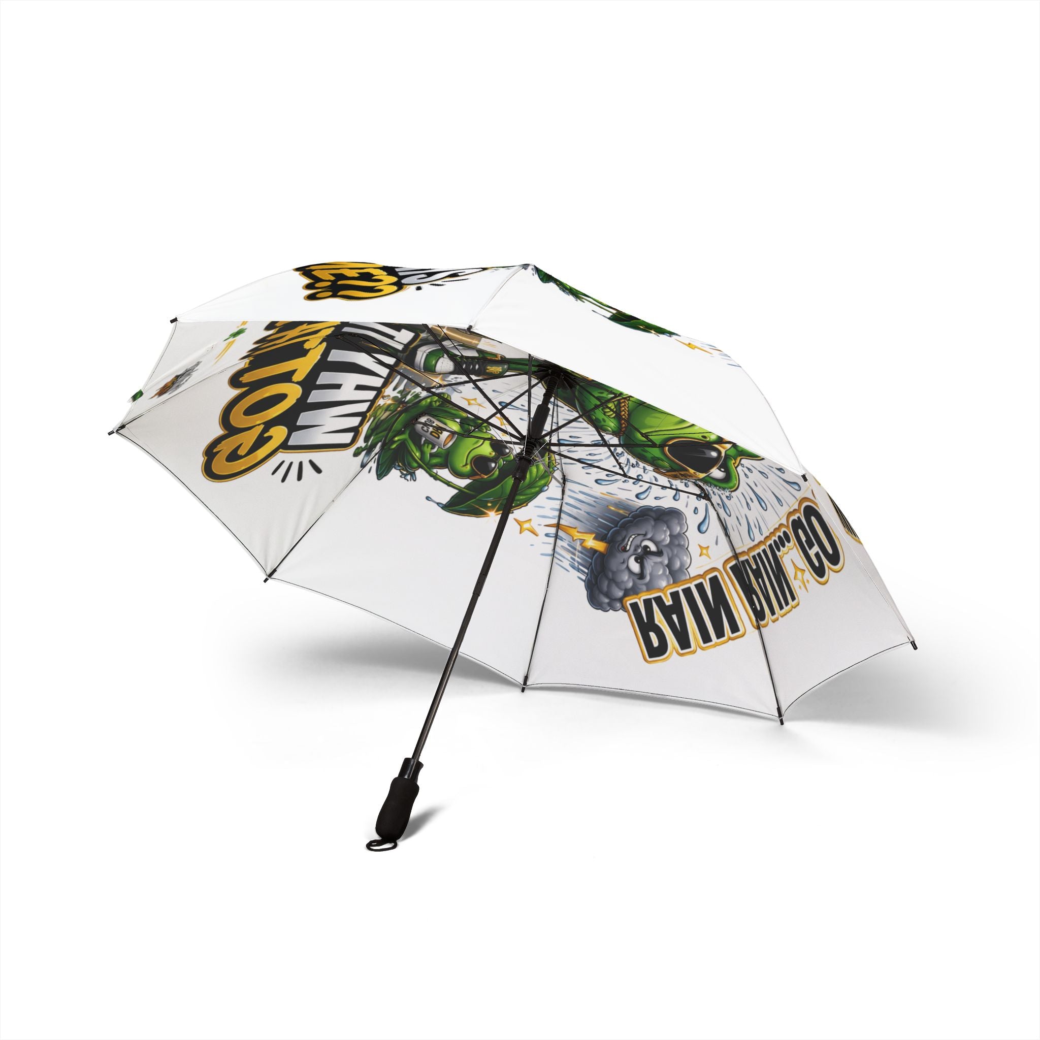 TimeWarp Drip Printify foldable umbrella—bold white, waterproof, street-drip frog cartoon: “Rain? Go Away.” Ultimate travel swagger. streetwear apparel