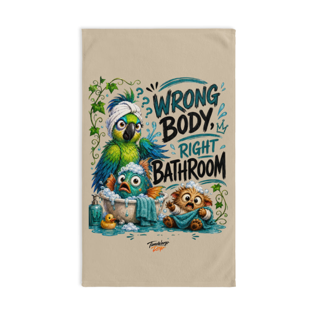 TimeWarp Drip Drip-black hand towel: "Wrong Body, Right Bathroom" in bold graffiti font with hip cartoon mythical creatures. 