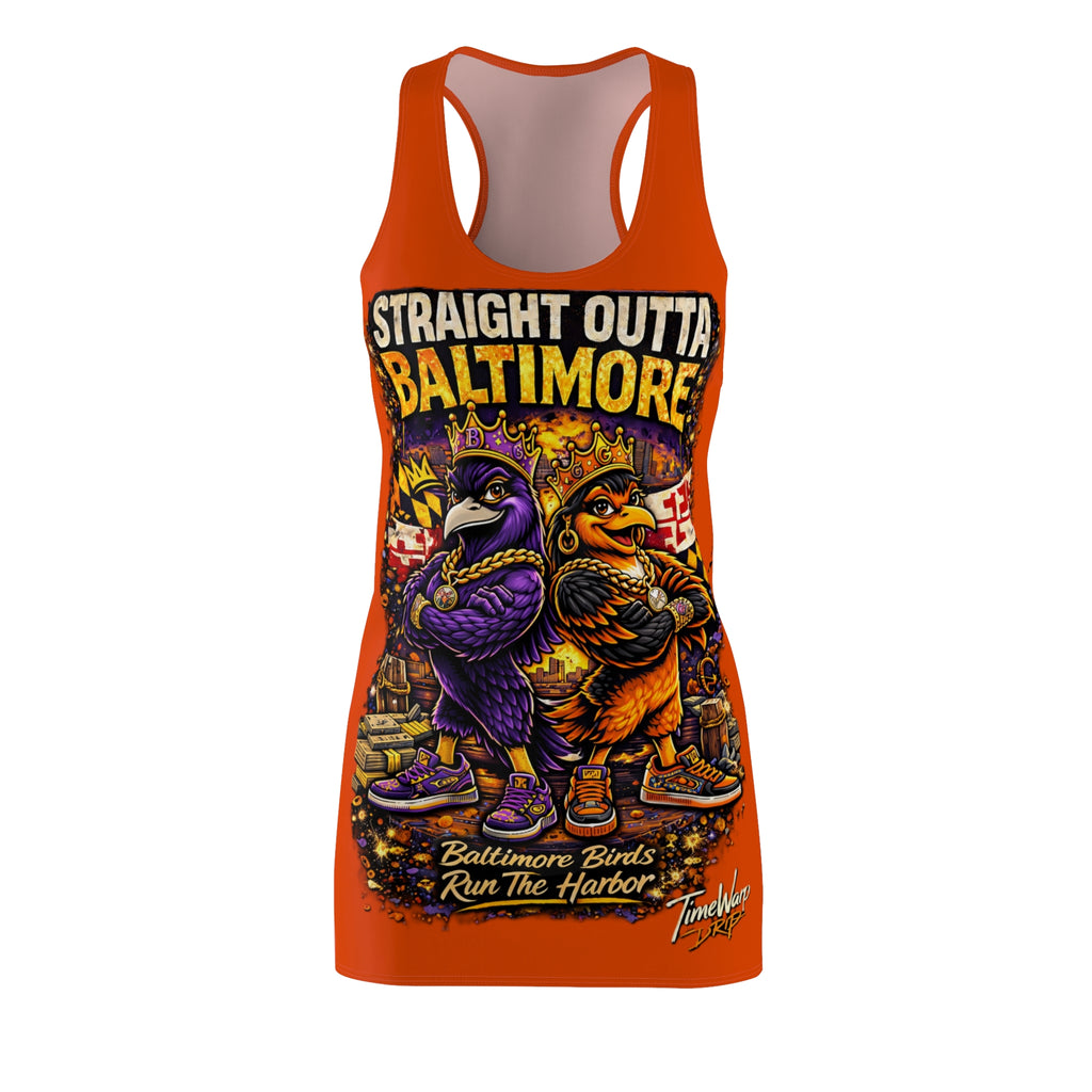 Bright orange racerback dress in quick-dry polyester, featuring "Straight Outta Baltimore," two crowned cartoon birds back-to-back, "Baltimore Birds Run The Harbor," and "Charm City Attitude" text.