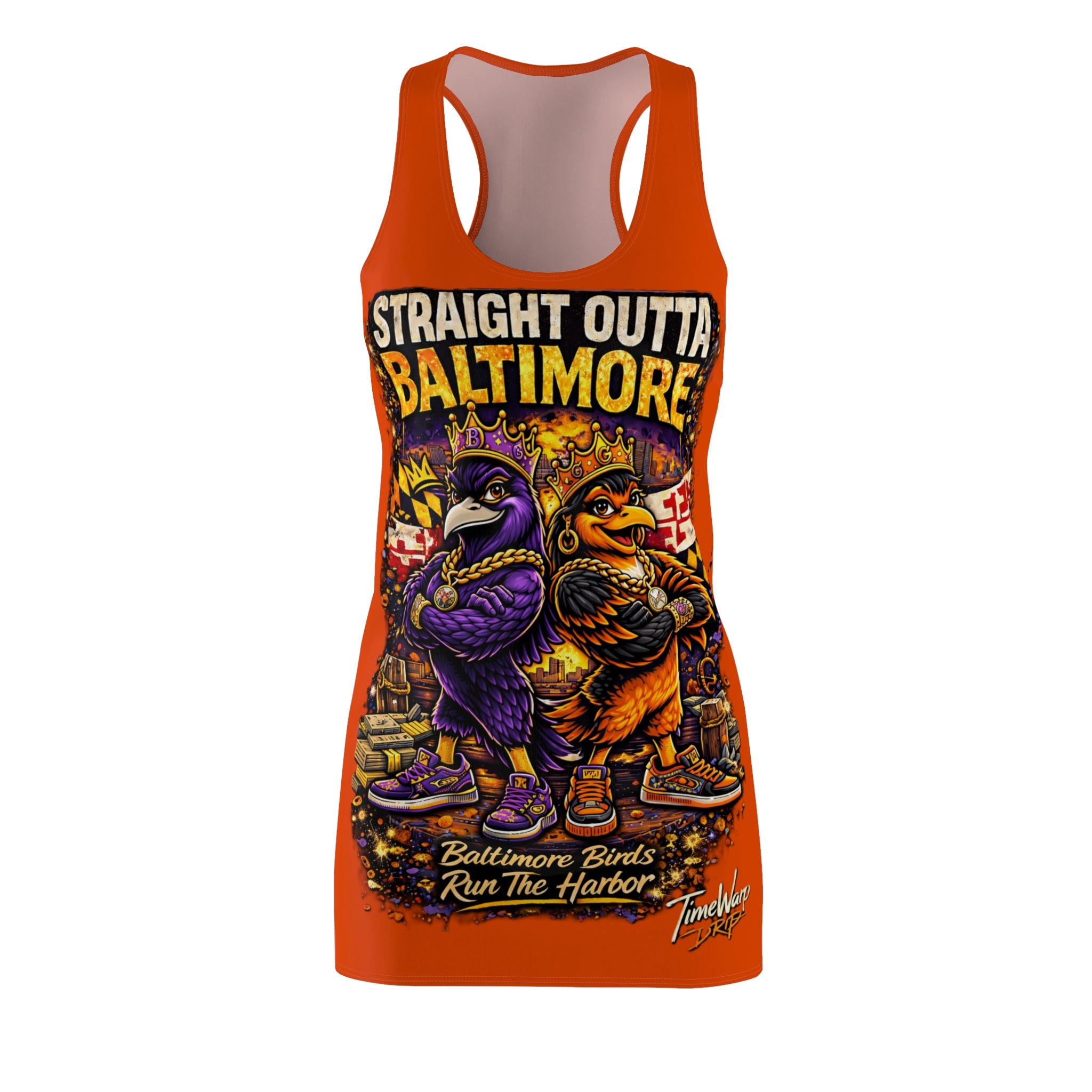 Bright orange racerback dress in quick-dry polyester, featuring "Straight Outta Baltimore," two crowned cartoon birds back-to-back, "Baltimore Birds Run The Harbor," and "Charm City Attitude" text.