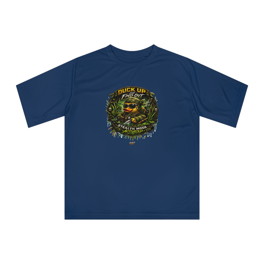 TimeWarp Drip  “Duck Up Find Out” camo tee—streetwise duck graphic, bold drip. Green camo T-shirt, XS–2XL. Size chart for fit. Premium Urban Fashionapparel