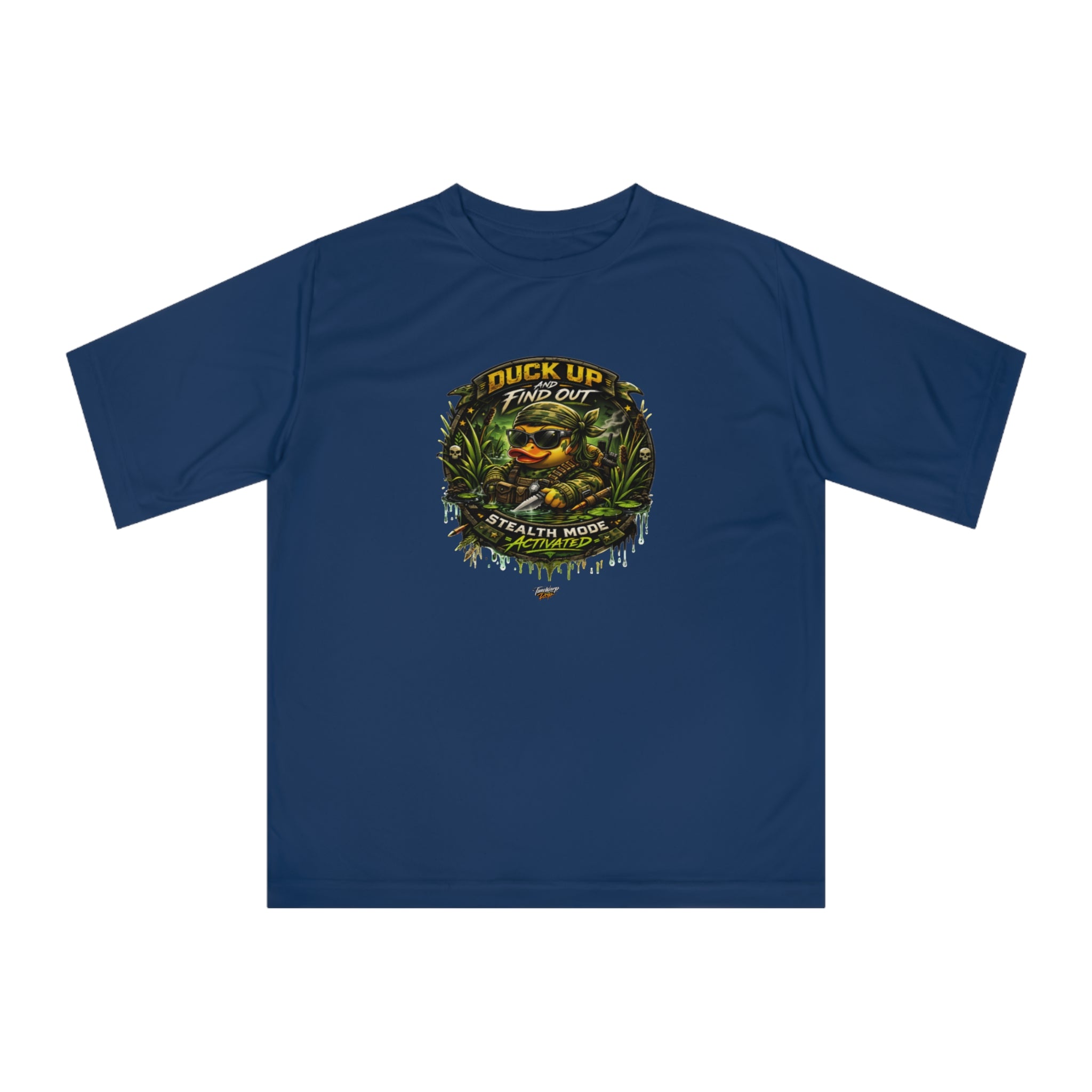 TimeWarp Drip  “Duck Up Find Out” camo tee—streetwise duck graphic, bold drip. Green camo T-shirt, XS–2XL. Size chart for fit. Premium Urban Fashionapparel