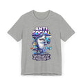 The Anti Social Shark T-Shirt — Funny Introvert Graphic Tee is a gray unisex cotton shirt with a cartoon shark holding a phone, surrounded by fish and playful text: "Please don’t talk to me. Don’t even look at me. Are you still reading this?.