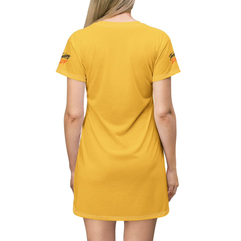 TimeWarp Drip Blonde queen rocks the Bloom In Your Time black sunflower T-Shirt Dress by TimeWarp Drip—streetwear drip, back view, confidence on blast!. streetwear apparel