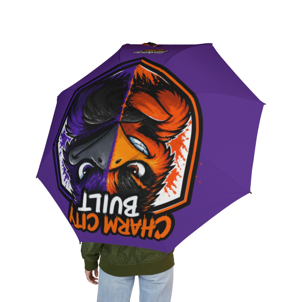 TimeWarp Drip Streetwise hero wields black foldable umbrella—“Charm City Built” poppin’ bold bird logo, Baltimore drip on full blast. 