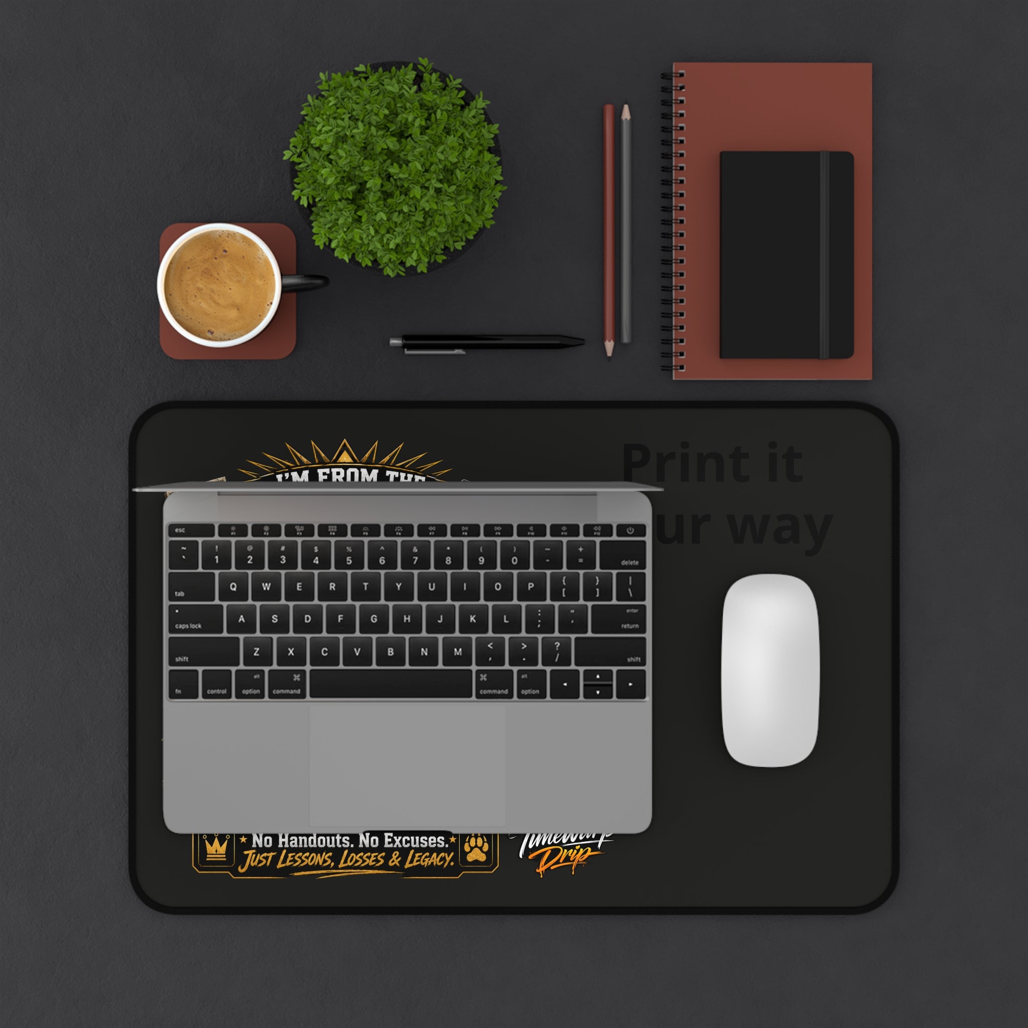 TimeWarp Drip – Black desk mat with white varsity lettering under laptop, mouse, coffee, notebooks; urban work essentials meet street luxury. | premium streetwear