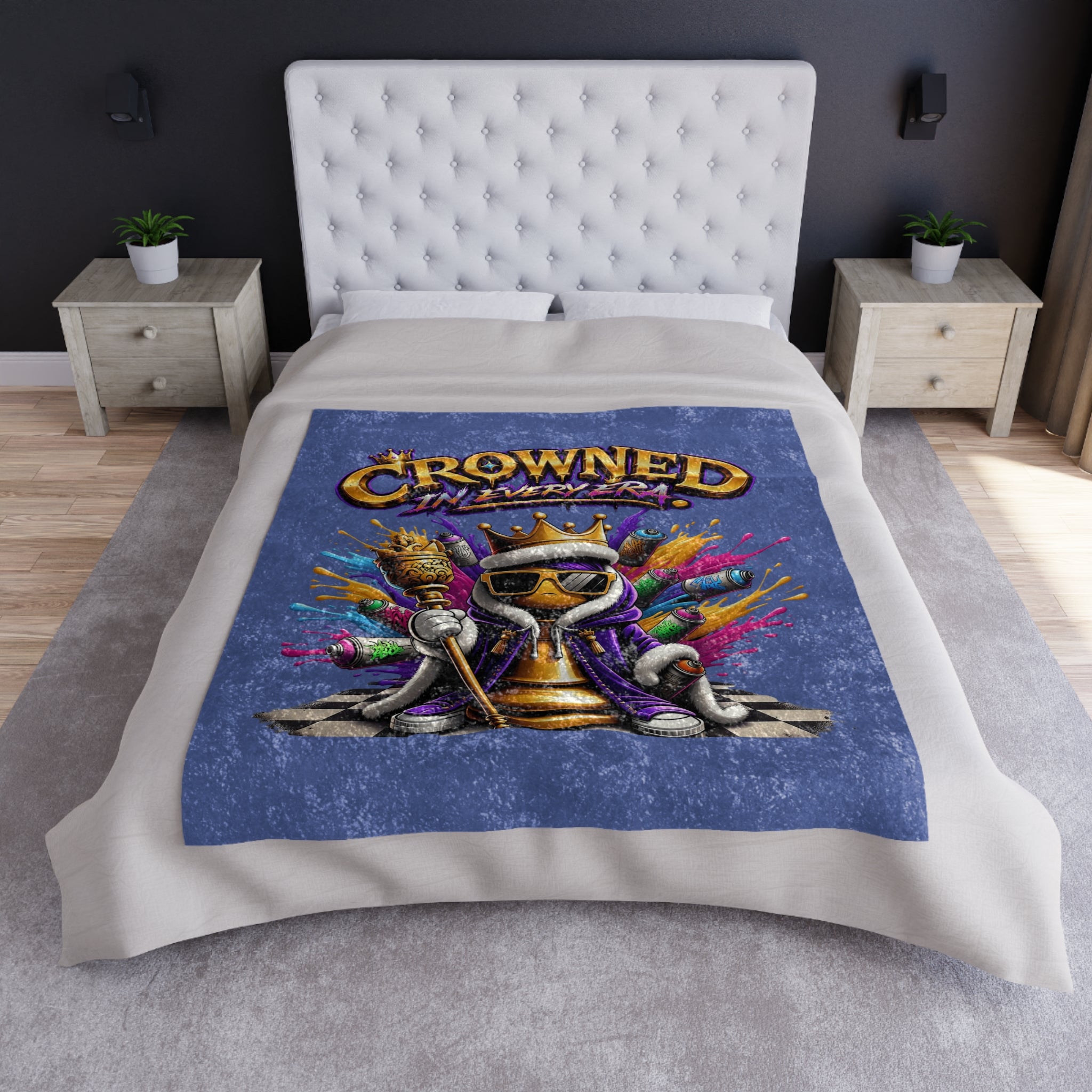 TimeWarp Drip  blue crushed velvet blanket drips royalty with its crowned chess piece—bed game turned streetwear legend. 