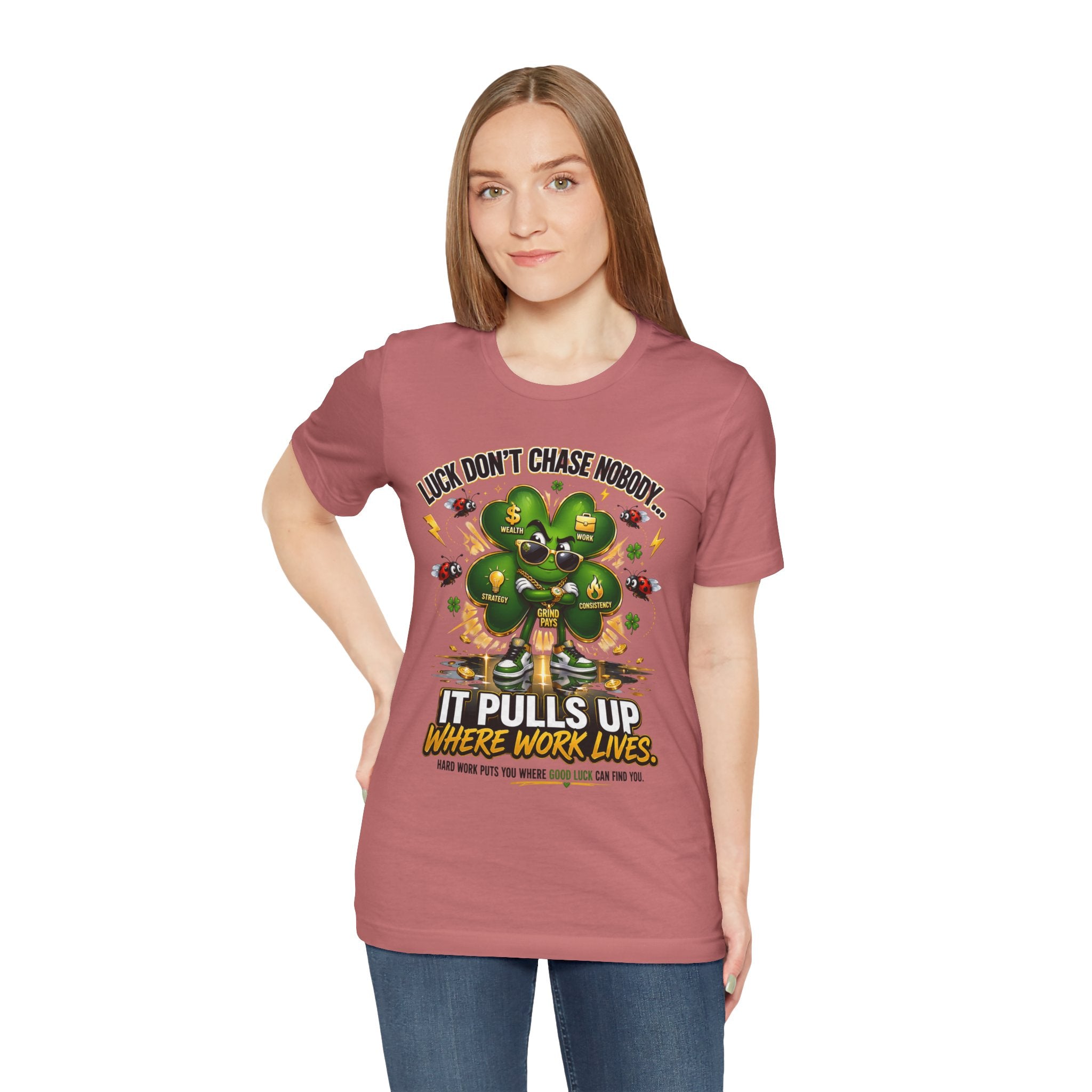 TimeWarp Drip Confident woman rocks the black Printify Luck Don't Chase Nobody 4-Leaf Clover tee—bold streetwear clover drip. streetwear apparel