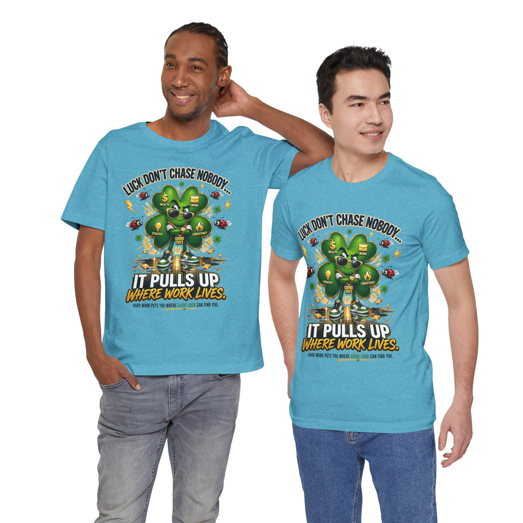 TimeWarp Drip Two men rock black Printify Luck Don’t Chase Nobody tees—4-leaf clover drip, bold streetwear energy, statement style. streetwear apparel