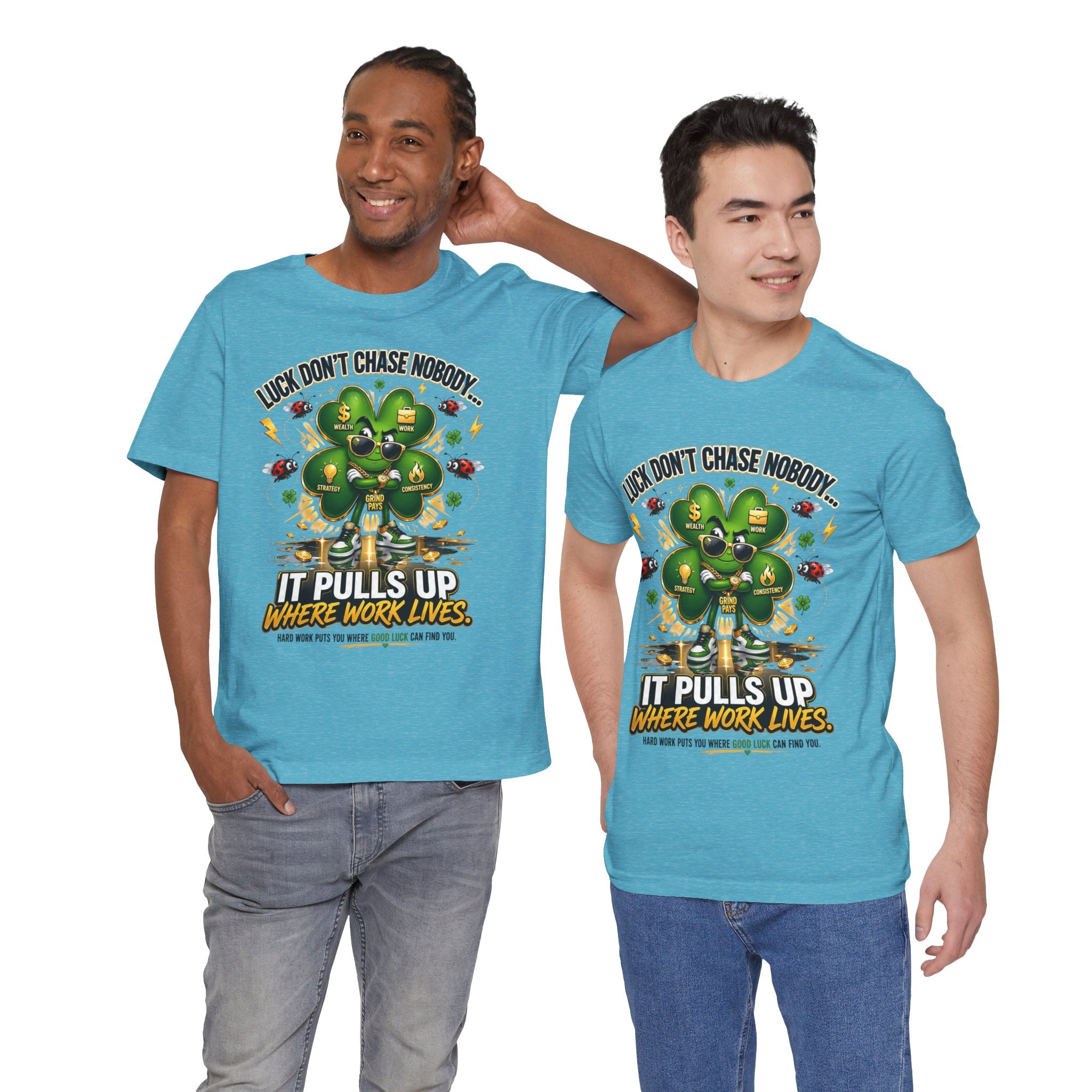 TimeWarp Drip Two men rock black Printify Luck Don’t Chase Nobody tees—4-leaf clover drip, bold streetwear energy, statement style. streetwear apparel
