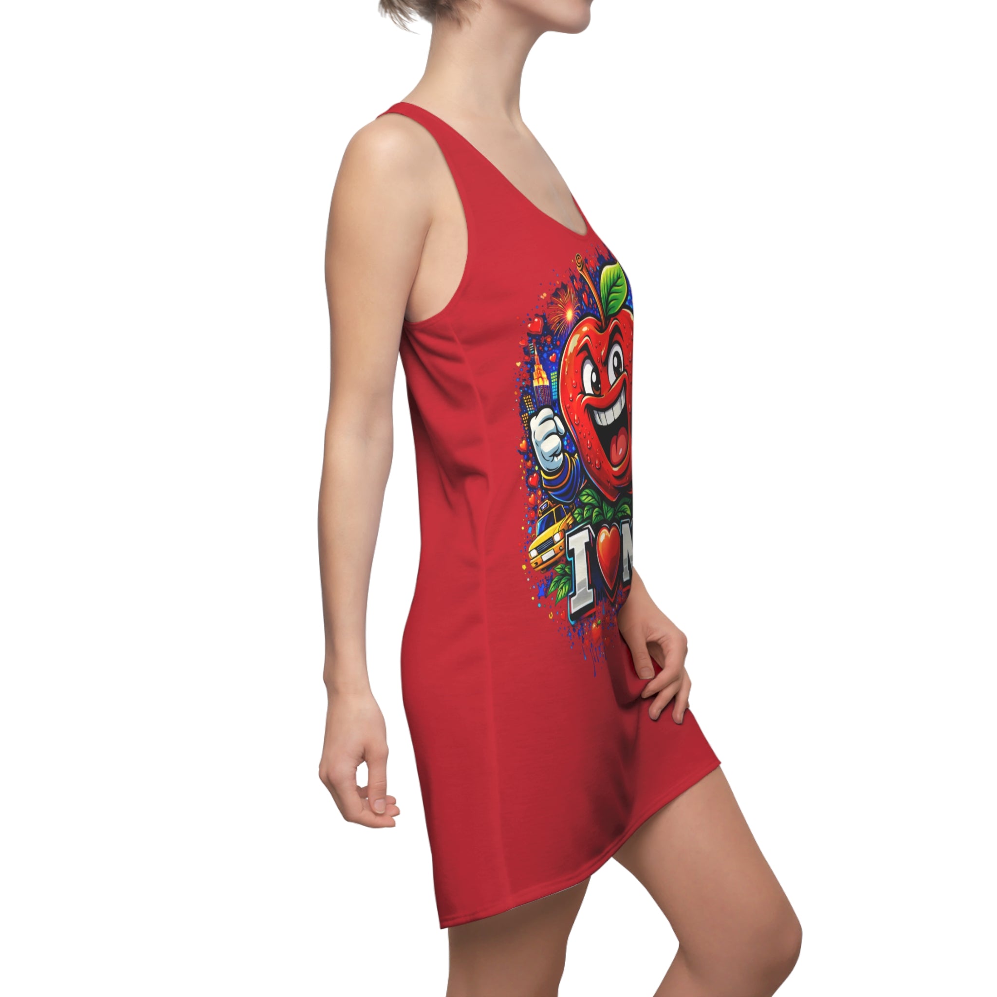 Red racerback dress with "Big Apple Attitude" all-over print featuring New York City imagery, by TimeWarp Drip.