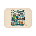 TimeWarp Drip bold bath mat in crisp white—“Wrong Body, Right Bathroom™”—drips street style with wild, playful creatures. 