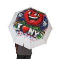 White I Love NYC foldable rain umbrella with colorful design, semi-automatic operation, and compact accessories for rainy days.