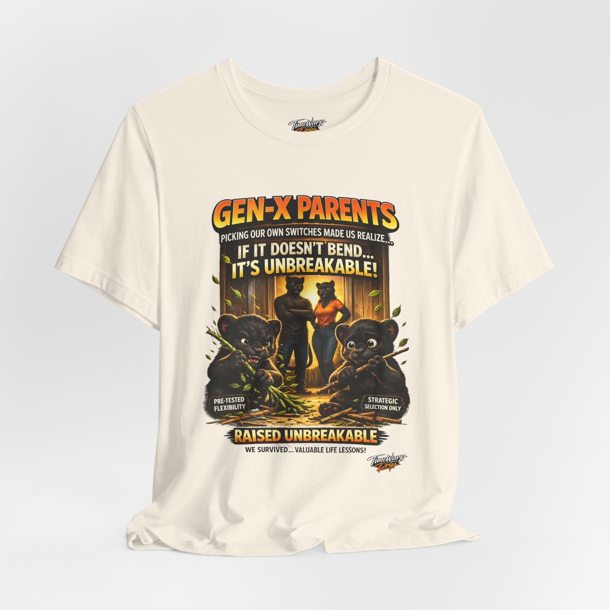 TimeWarp Drip Charcoal Raised Unbreakable Gen X tee—retro cartoon bears, bold streetwear drip, “Picked Our Own Switches” statement. streetwear apparel