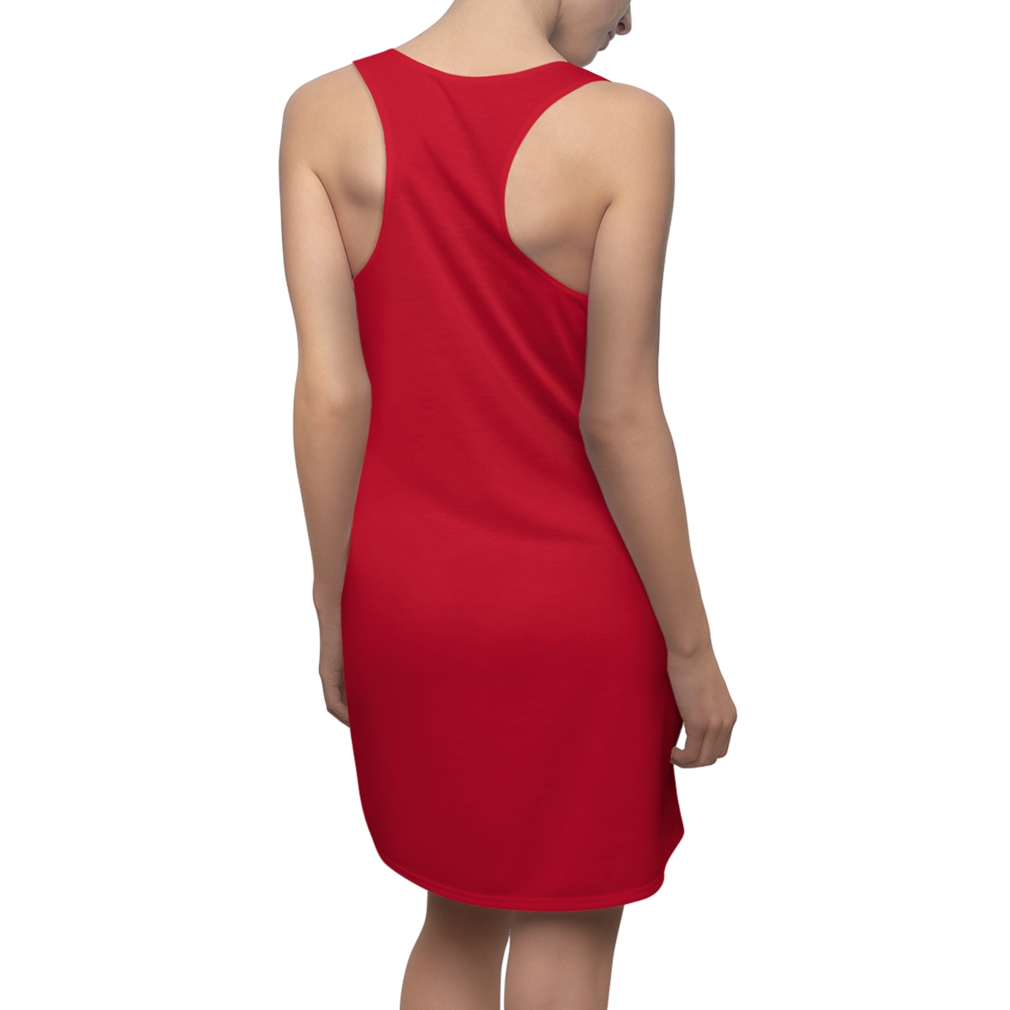 A person is seen from the back in a knee-length, sleeveless Red Racerback Dress by Printify, featuring "Straight Outta Baltimore - Charm City Attitude," set against a plain white background.