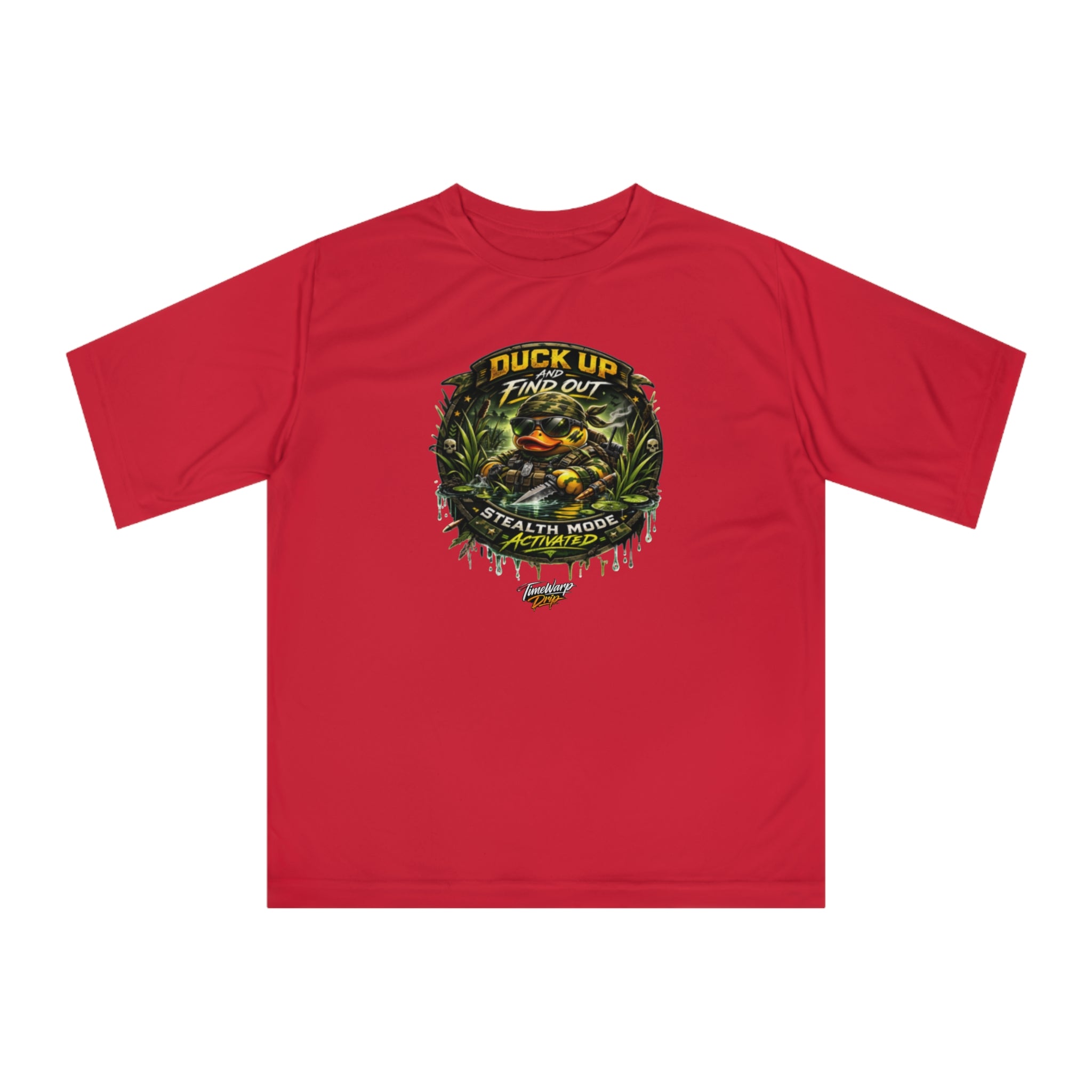 TimeWarp Drip  camo Duck Up Find Out T-shirt—bold duck graphic, street style drip, sizes XS–2XL, size chart linked. Premium Urban Fashionapparel